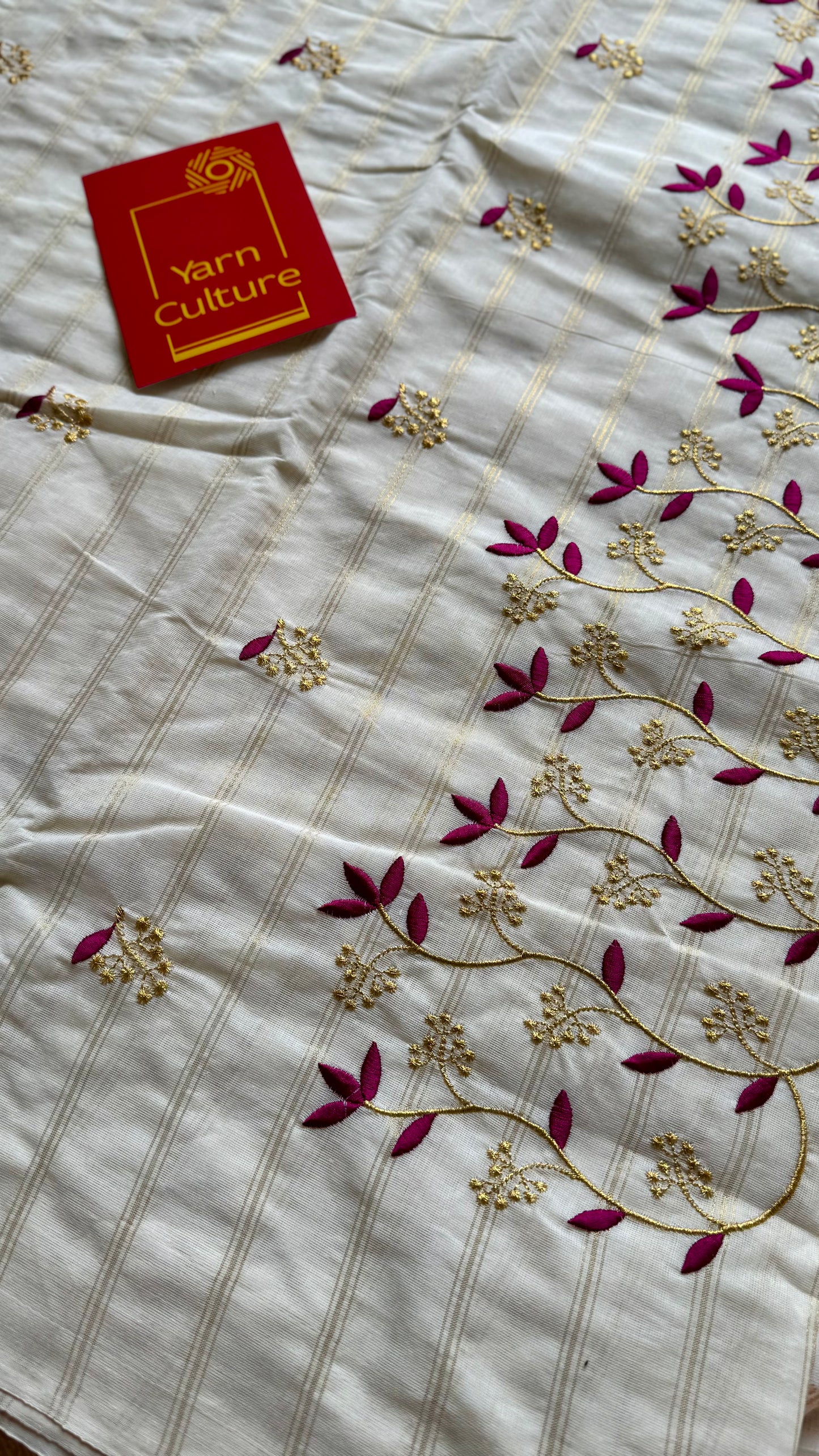 Ivory and gold soft cotton saree, purple pink floral vine embroidery  - YCIEON56