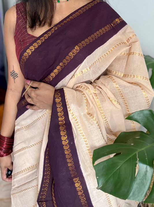 Ivory with purple brown contrast paisley sungudi, kattuchayam dyed madurai cotton - YCIEON90