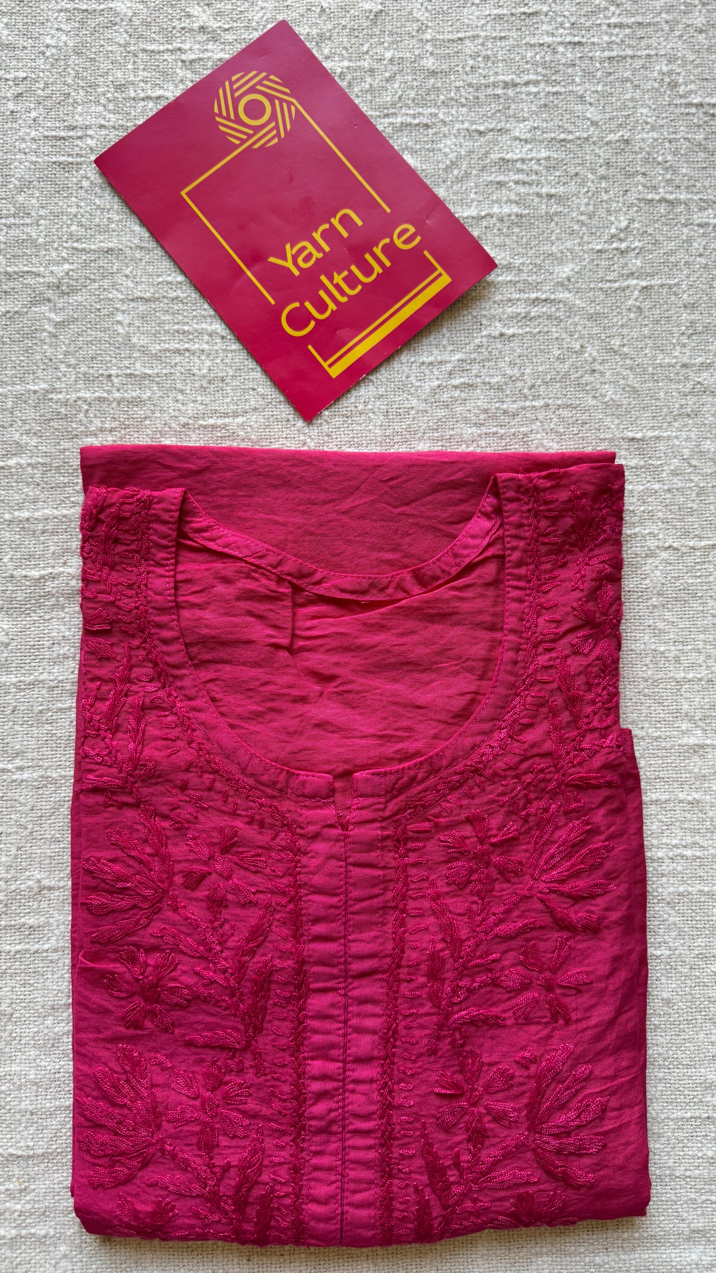 Hot pink chanderi chikankari with ghas patti work, stitched kurta, round neck, three fourth sleeves - YCSECK09