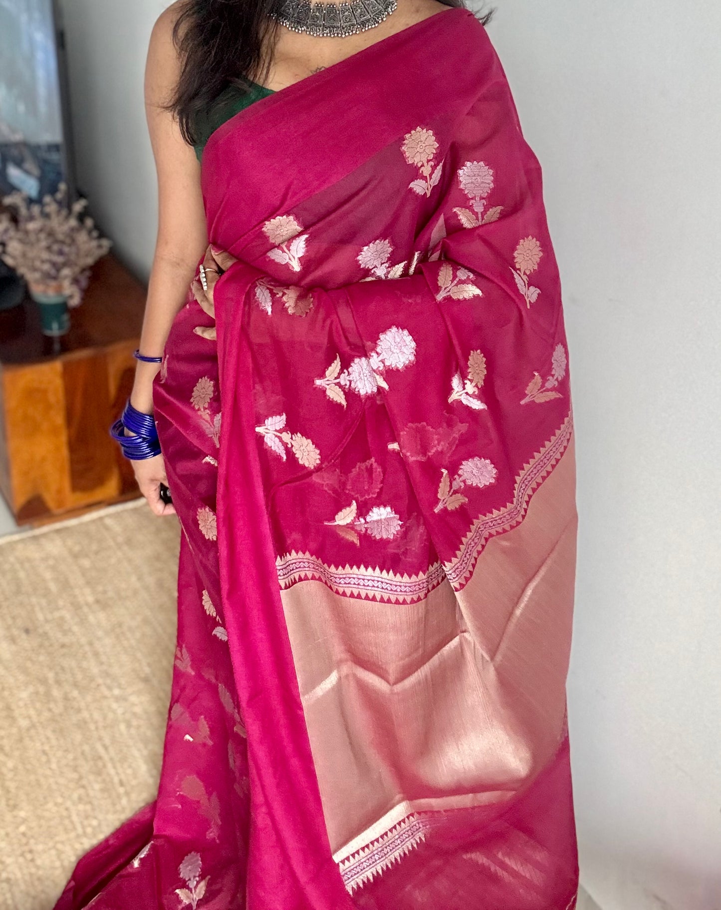 Ruby with gold and silver floral buttas, Banarasi semi-crepe silk - YCDESE52