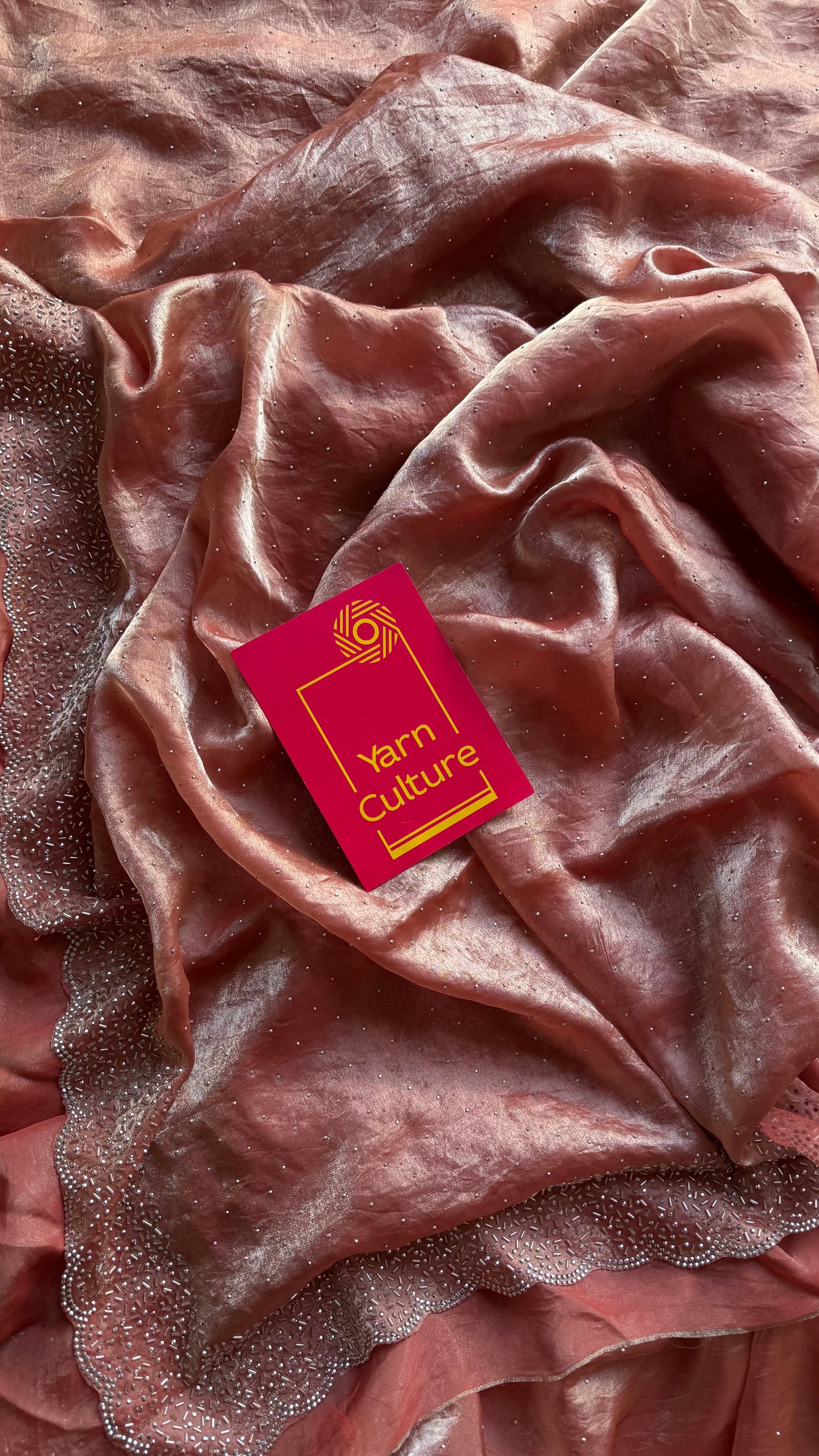 Blush Glow -  salmon pink metallic dual tone space silk, jarkhan stone work - YCDOSNO36