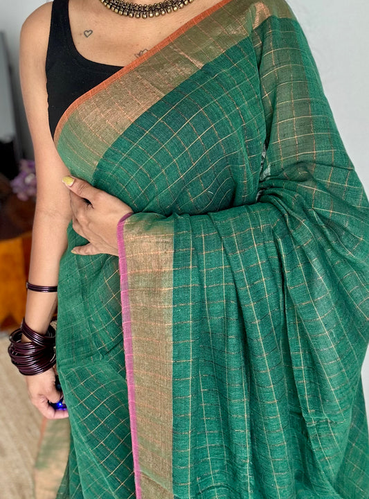 Green linen by cotton saree, gold checks & copper zari pallu - YCBCLCAP56