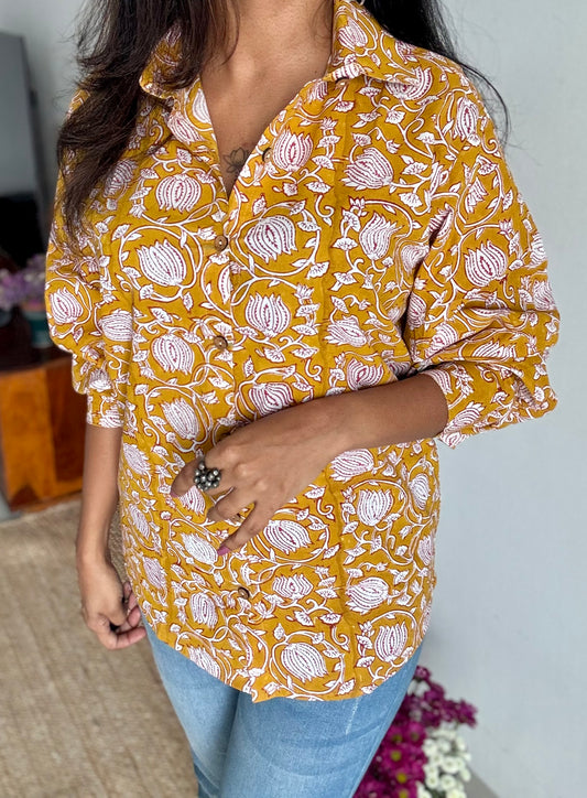 Yellow Bloom - blockprinted cotton stitched shirt, collared neck, full sleeves - YCSEBPSJA180