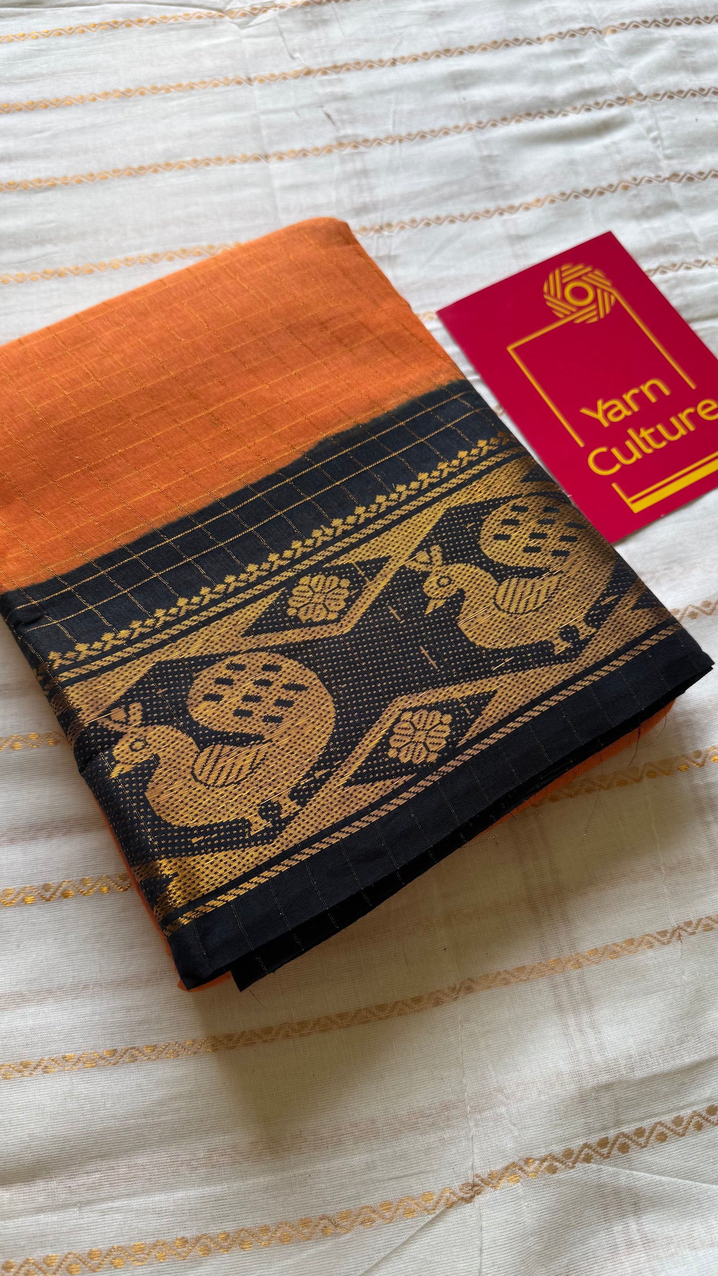 Orange with black contrast zari checkered sungudi, kattuchayam dyed madurai cotton - YCCOTNJUCC15