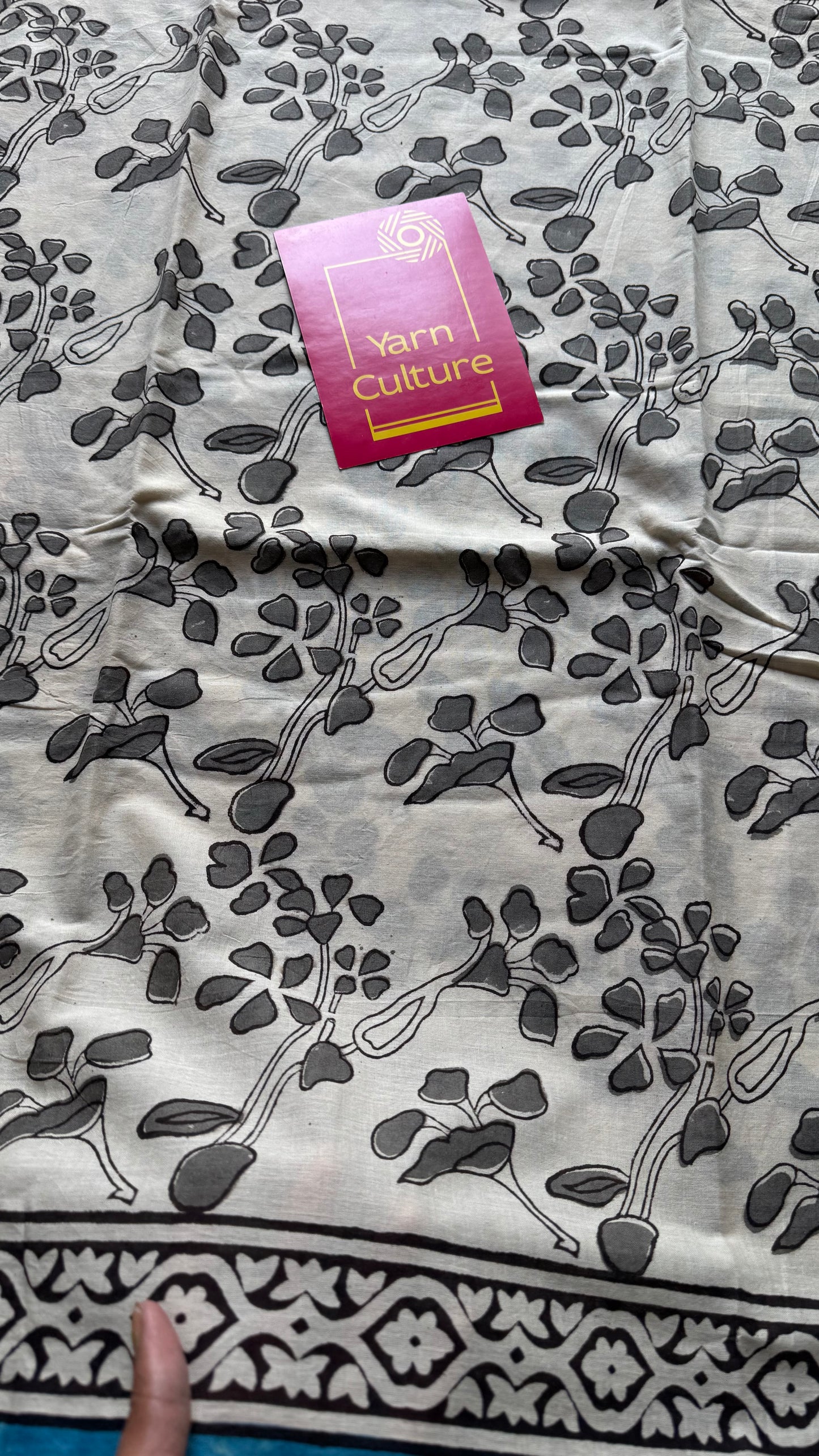 Beige with grey flowers, blue border, block printed soft cotton saree - YCTORCMA14