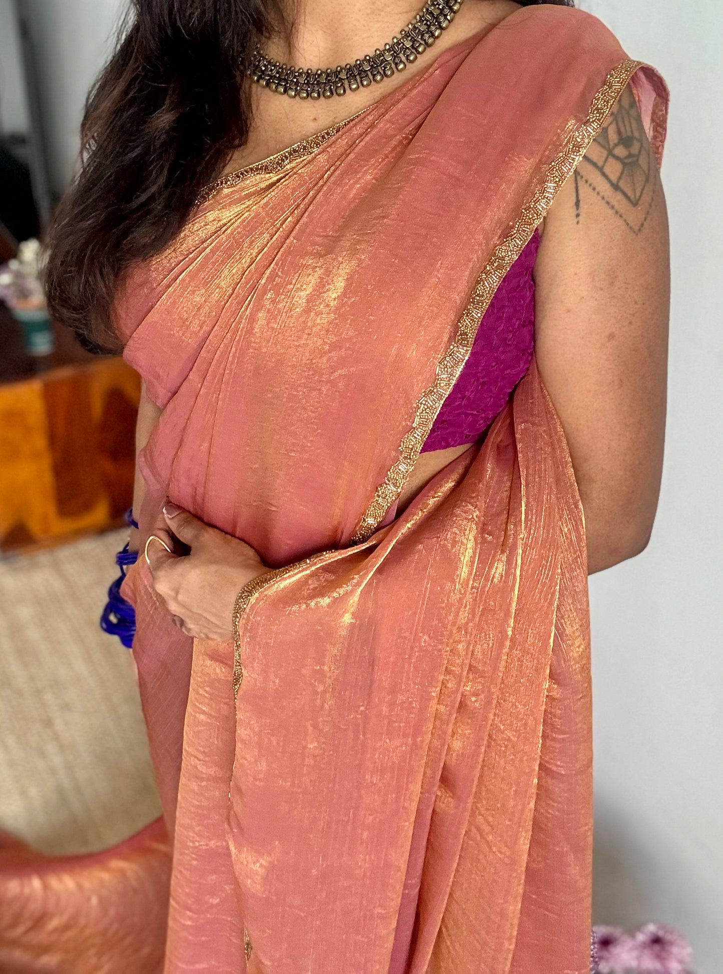 Sunset Burst - pink orange hues, metallic dual tone space silk, embellished border - YCDOSDE58