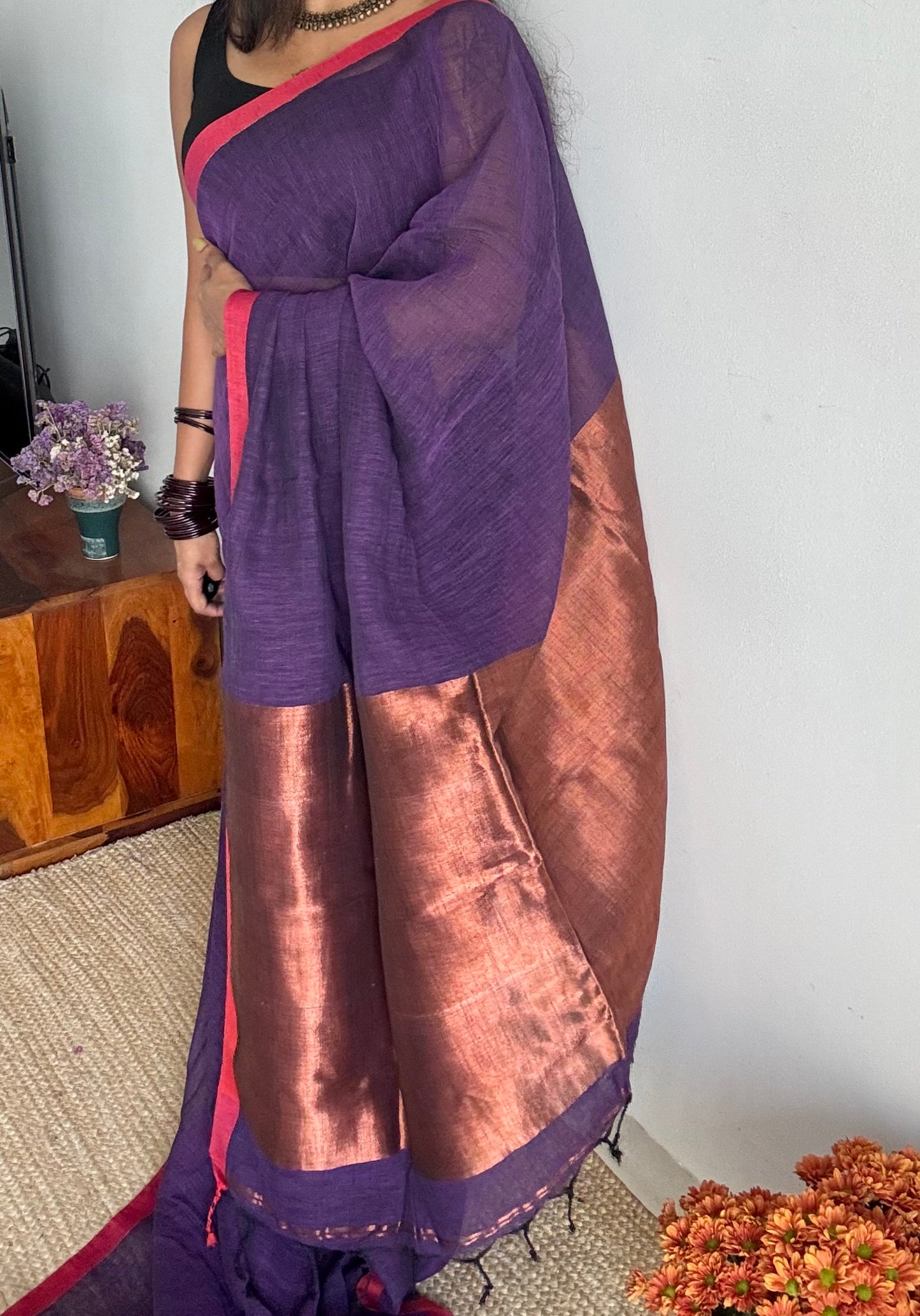 Purple plain linen by cotton saree with copper zari pallu - YCBCLCFE396