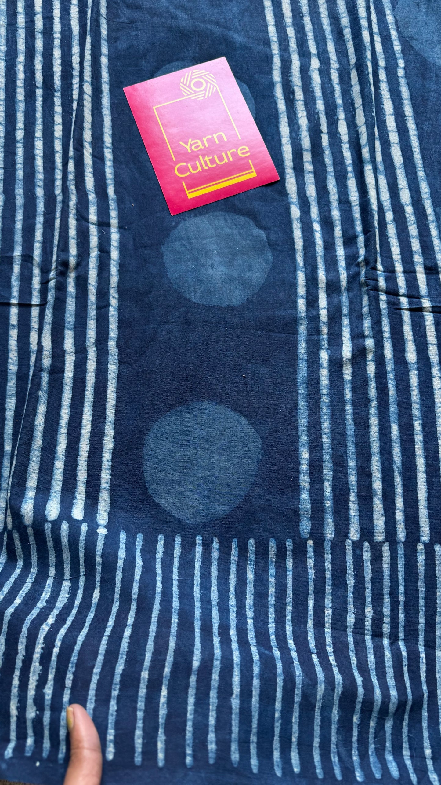 Indigo with circle and line motifs, block printed soft cotton saree - YCTORCMA24