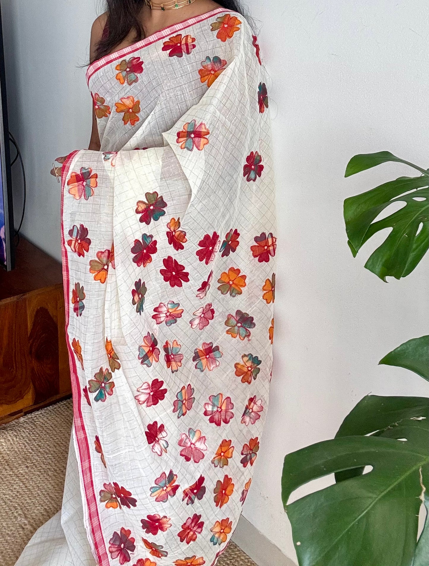 Ivory soft kota saree, with applique floral work - YCIEON88