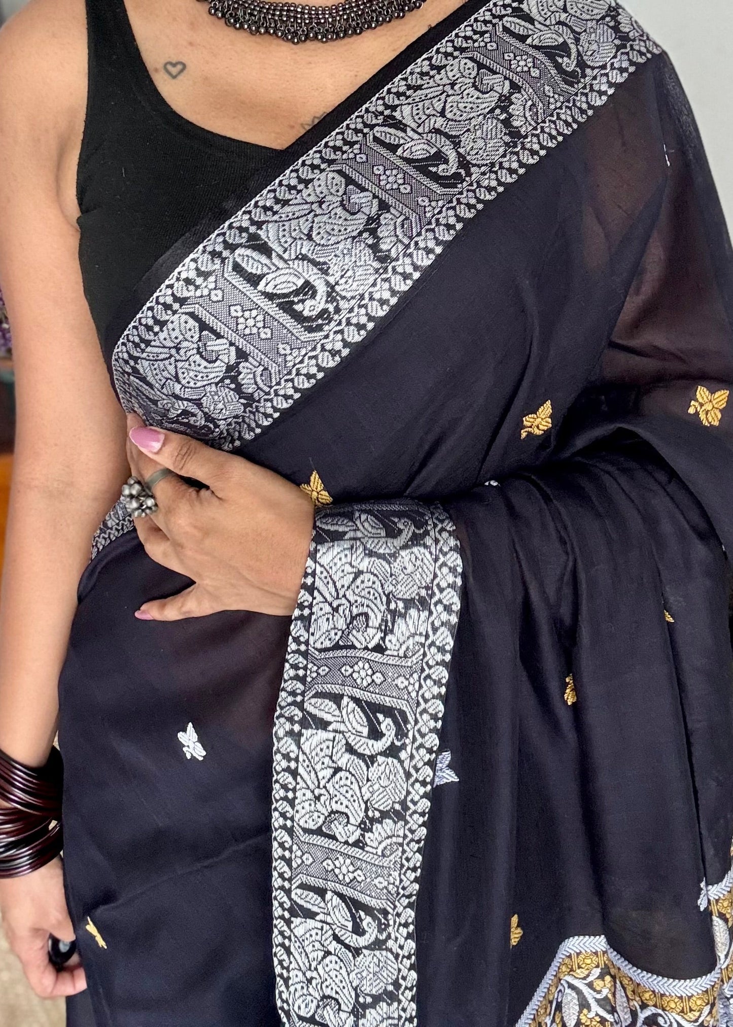 Black with white, Baluchari-inspired soft cotton handwoven saree - YCHOTEBCJA227