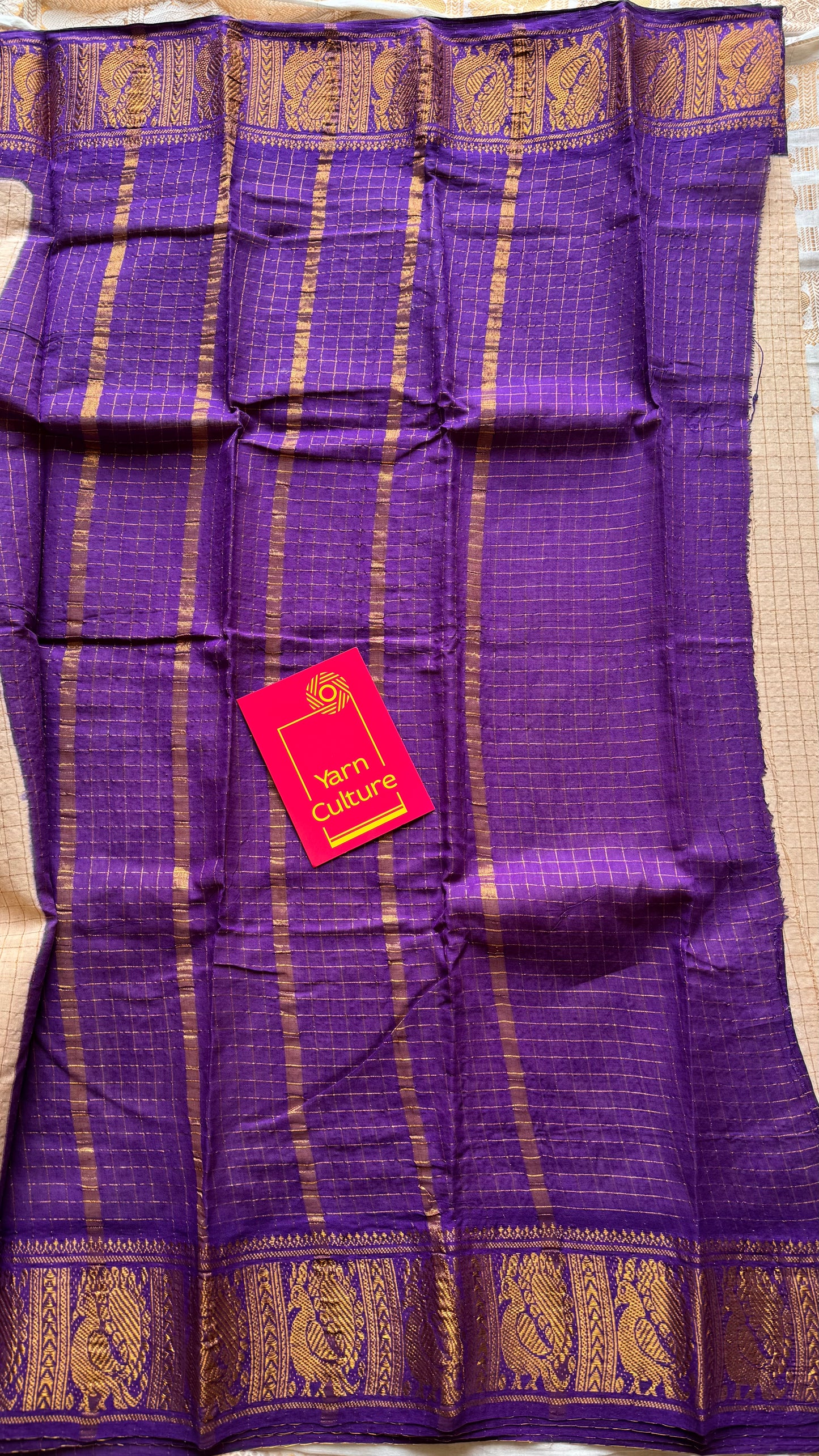 Ivory with purple contrast zari checkered sungudi, kattuchayam dyed madurai cotton - YCIEON95