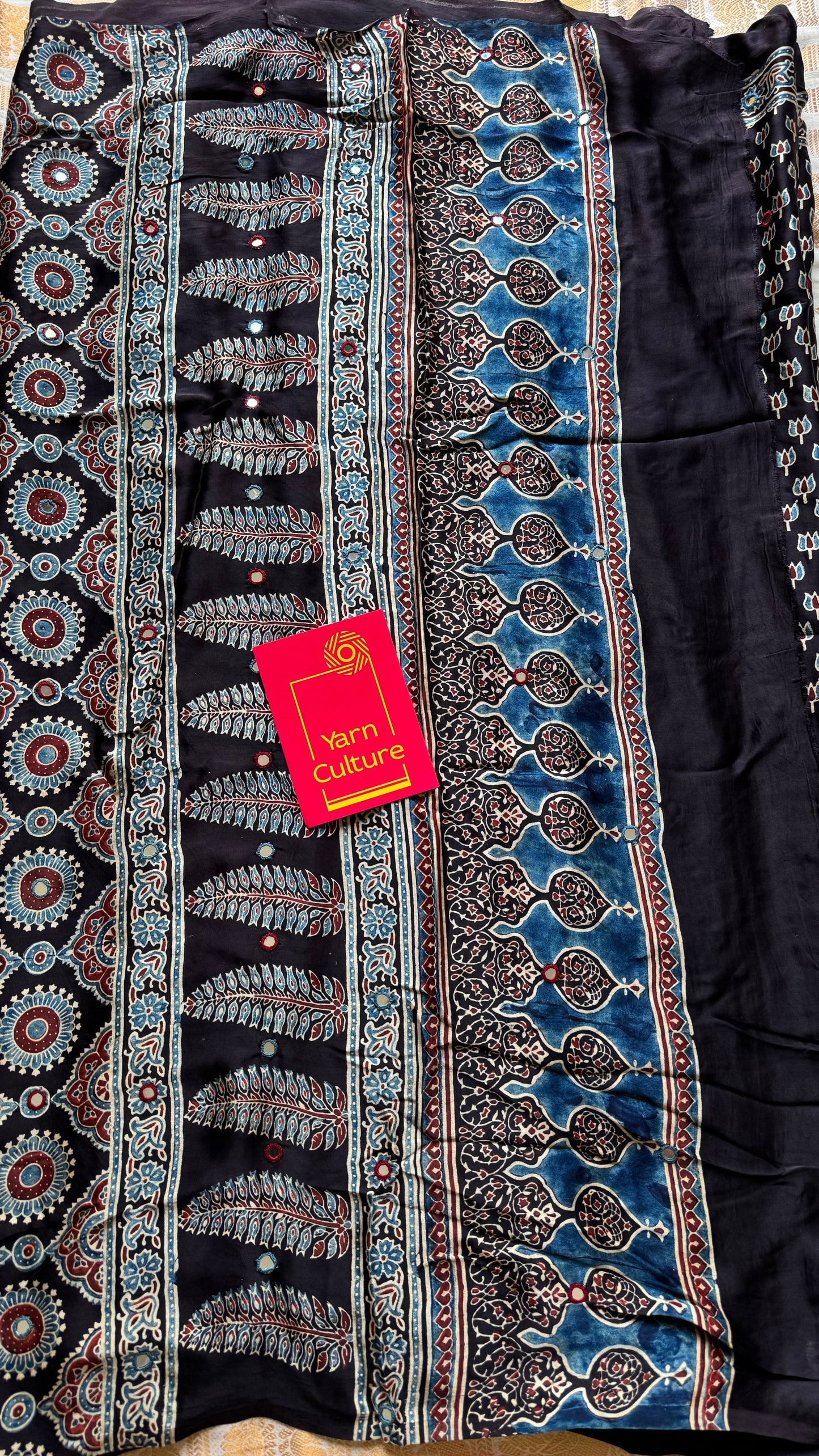 Black pure modal silk saree with ajrakh handblock print and mirror work - YCTOKAJM337