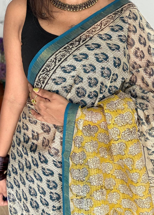 Pina Colada - Ivory with yellow kota doria saree, with gold zari border - YCTORKDAP12