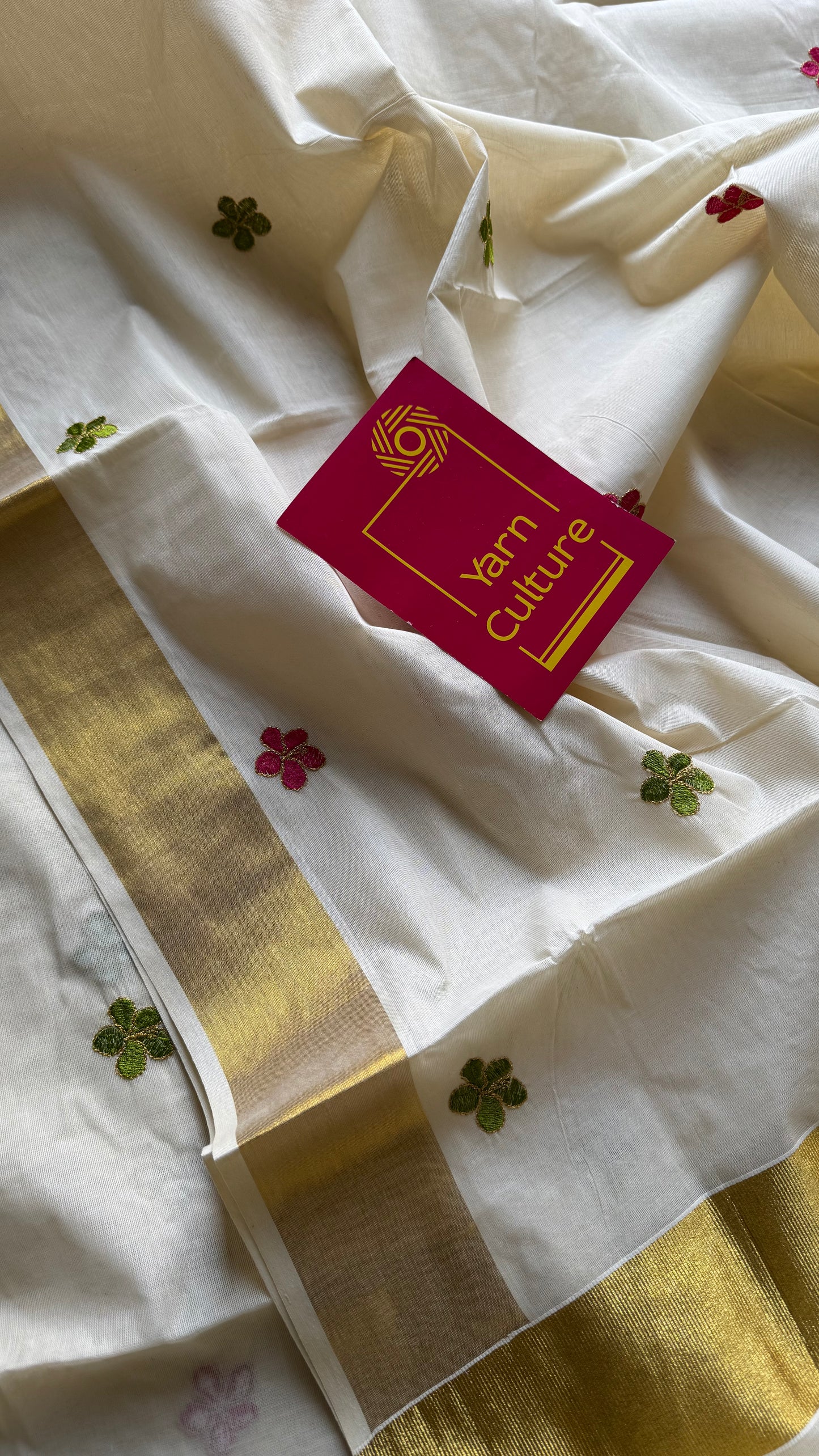 Ivory and gold saree with light green and hot pink floral embroidery - YCIEKCFE310