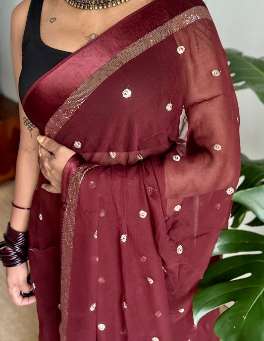Brown viscose georgette saree, gold buttas, satin border - YCDOSOC44