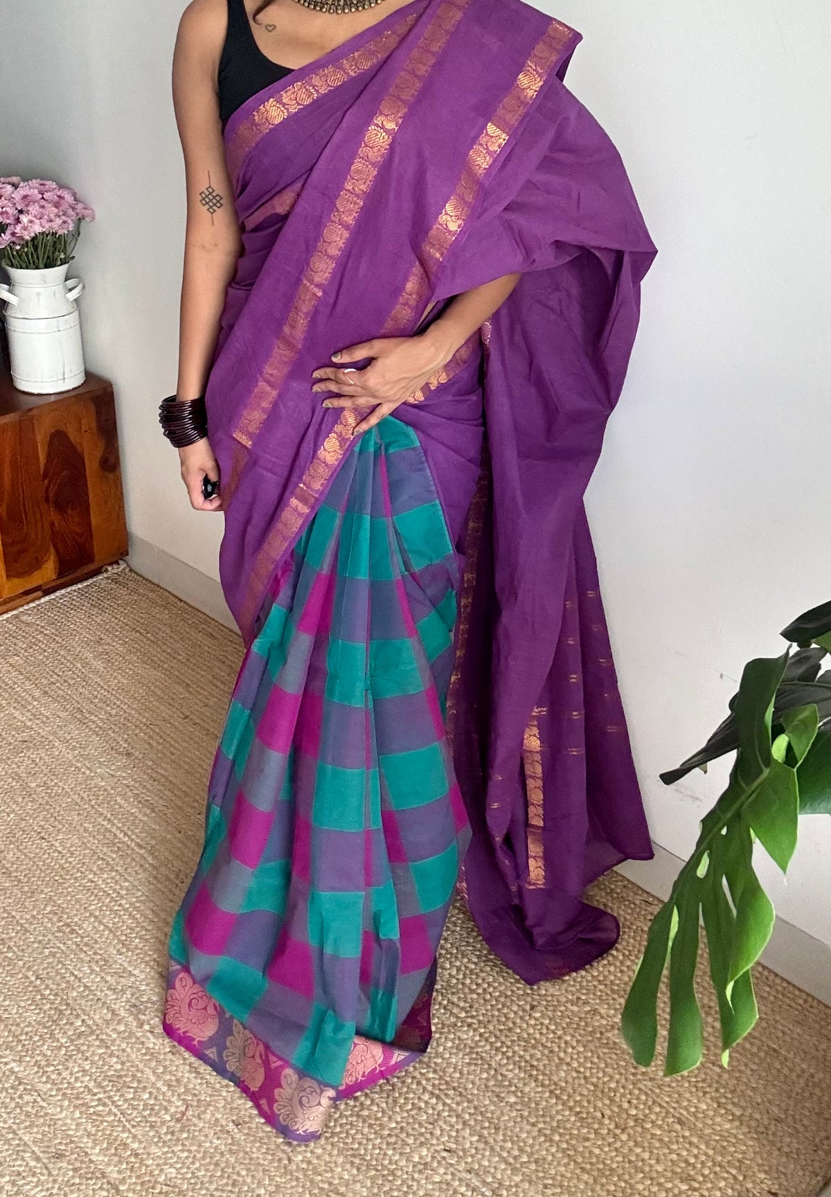 Purple with multicoloured checks, sungudi and chettinad cotton half and half saree - YCCOTNIDOC133