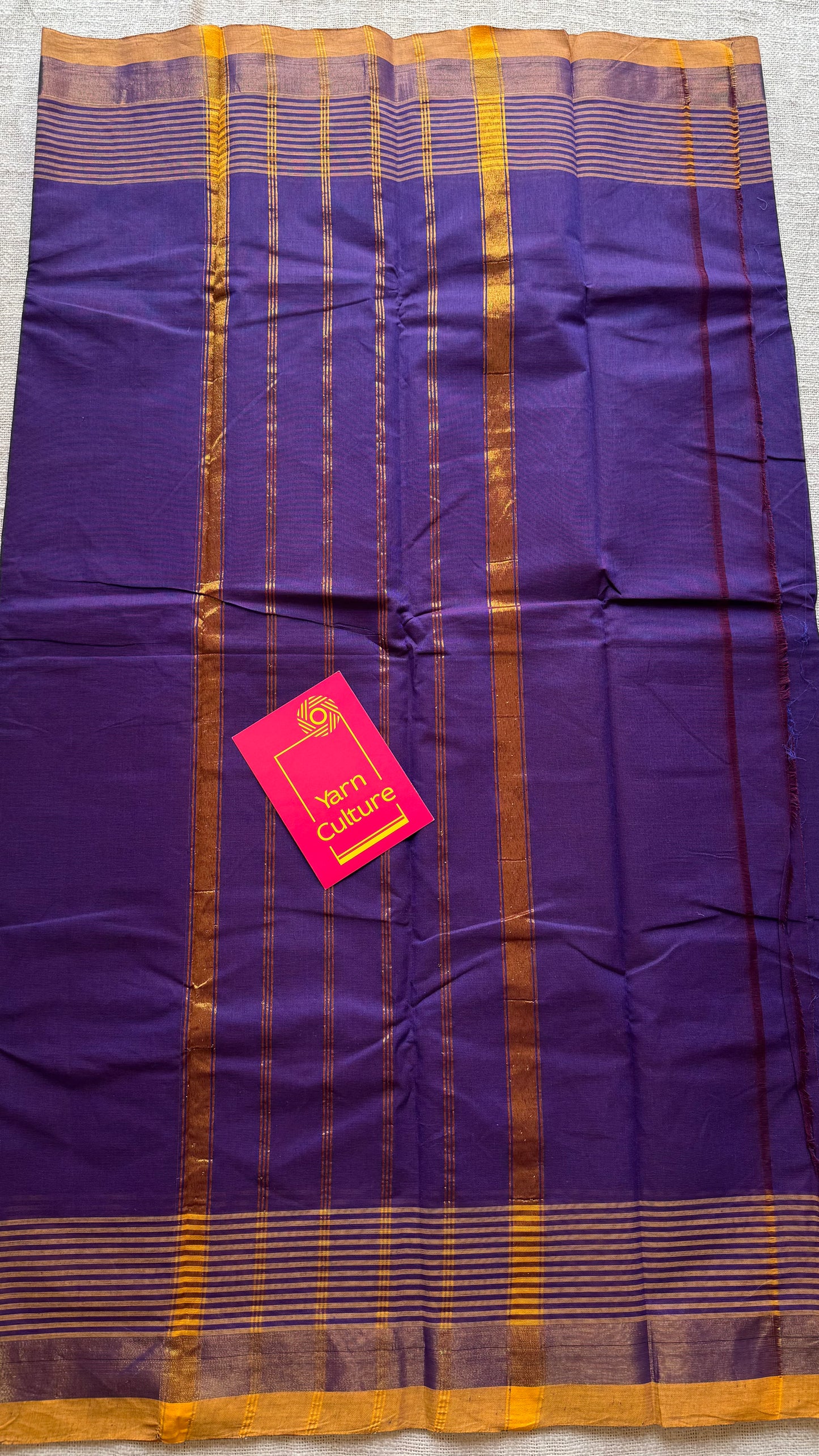 Violet and yellow Chettinad cotton saree with gold striped zari border - YCCOTNCCFE154