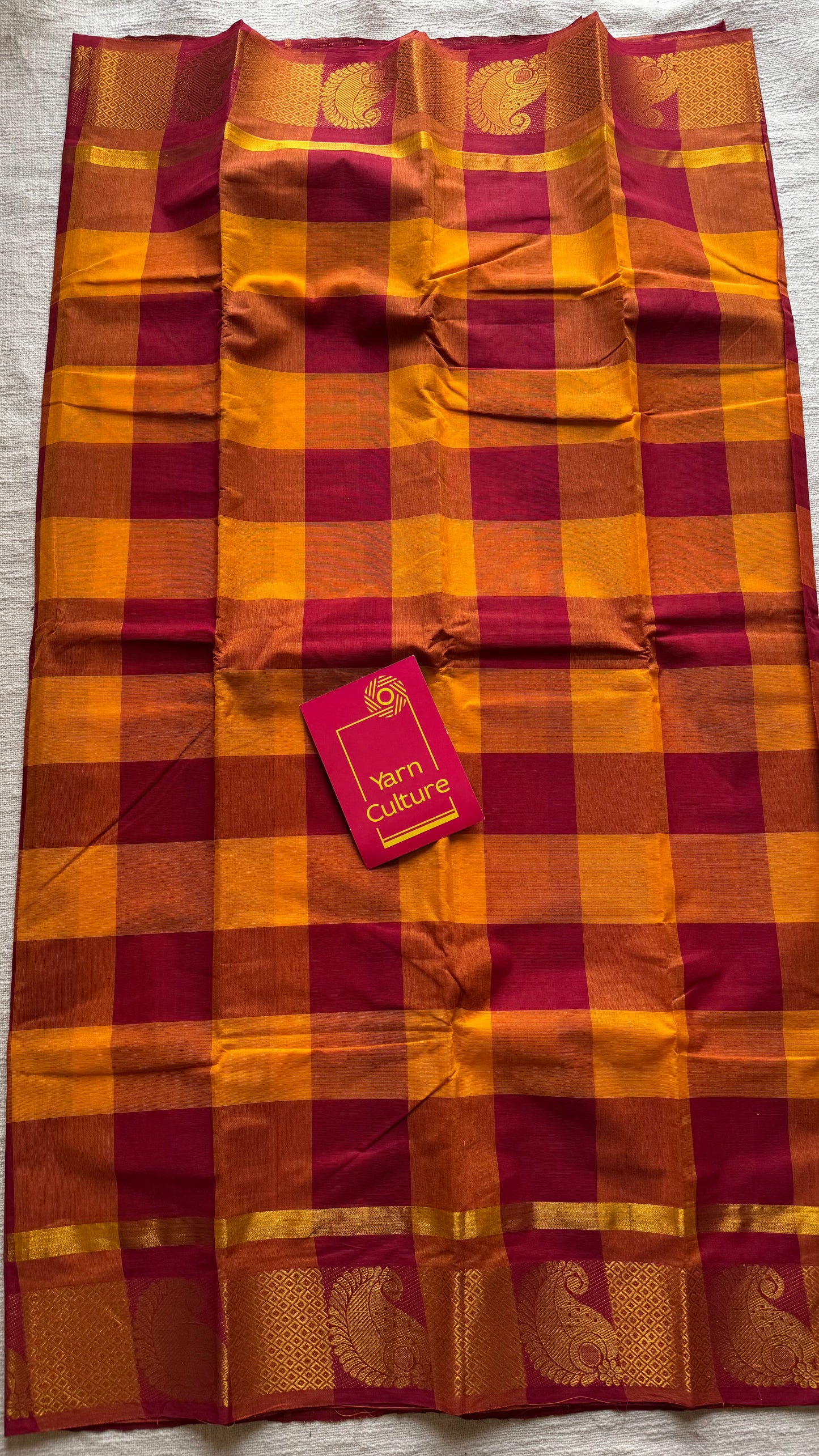 Chettinad cotton saree with yellow and red checks, paisley motif border - YCCOTNAP64