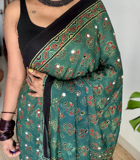 Jade green pure modal silk saree with ajrakh handblock print and mirror work - YCTOKAJM340