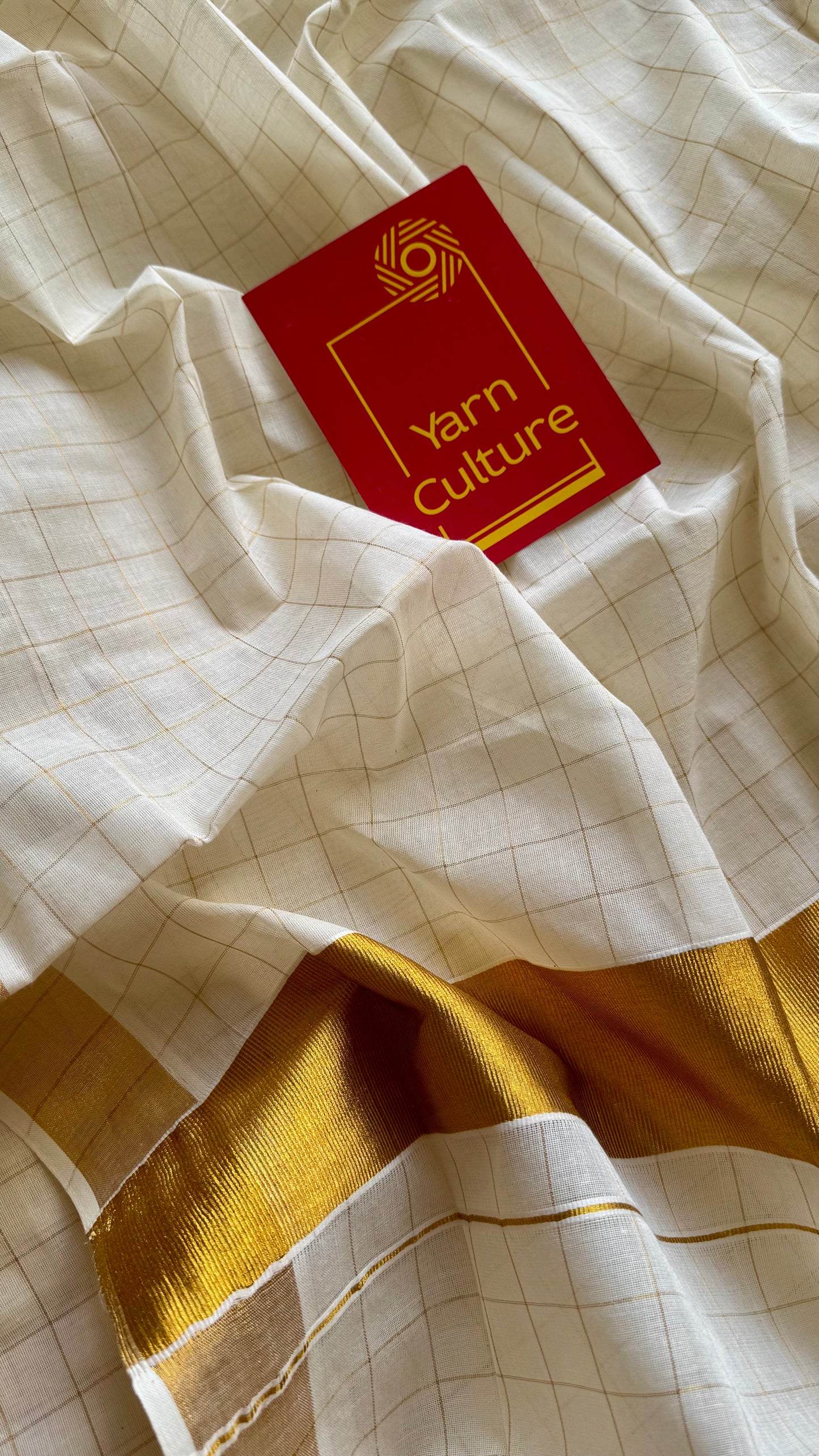 Ivory and gold soft cotton kasavu saree, checks - YCIEON79