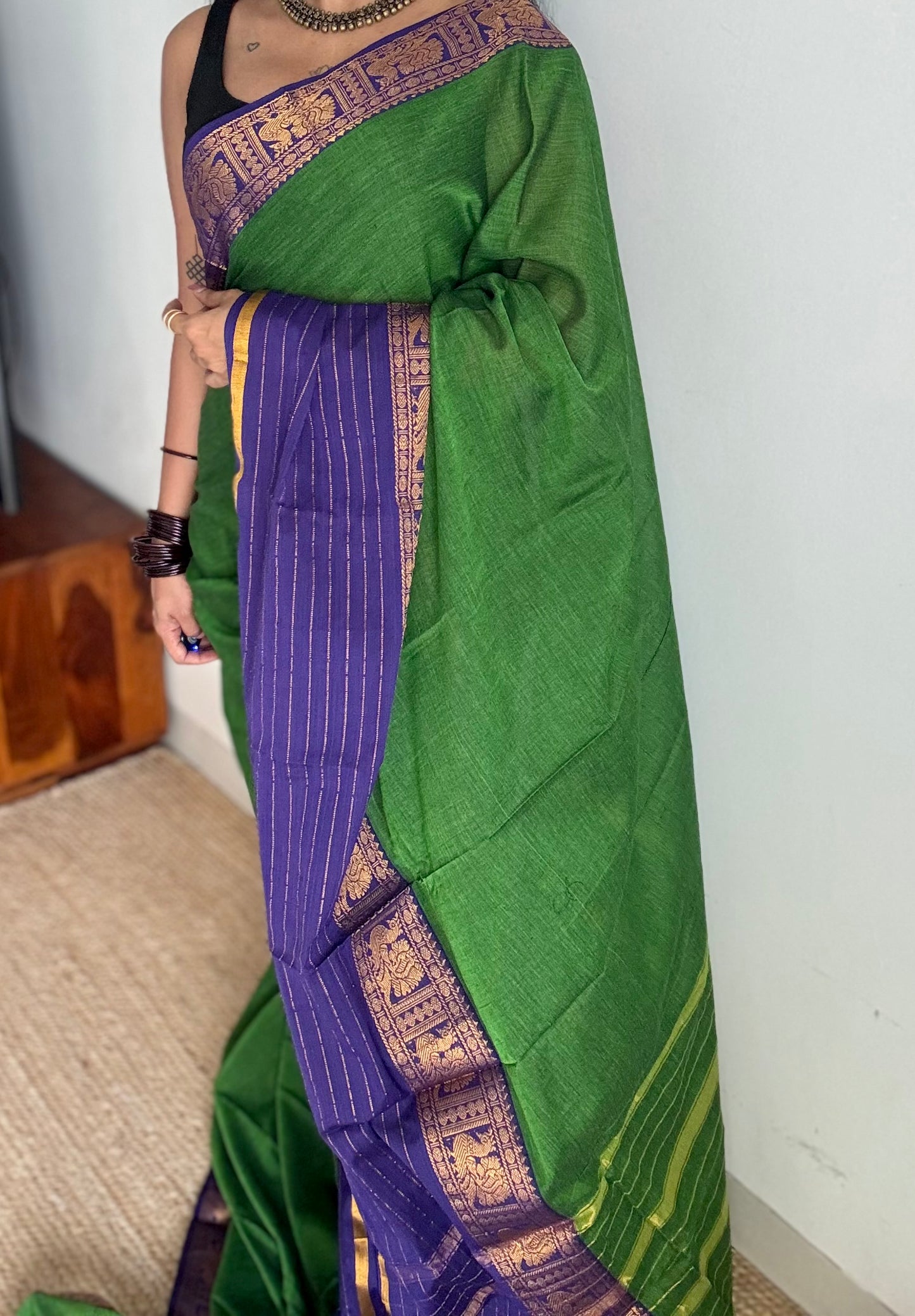 Green with blue border, premium narayanpet soft cotton - YCWOTDAUG09