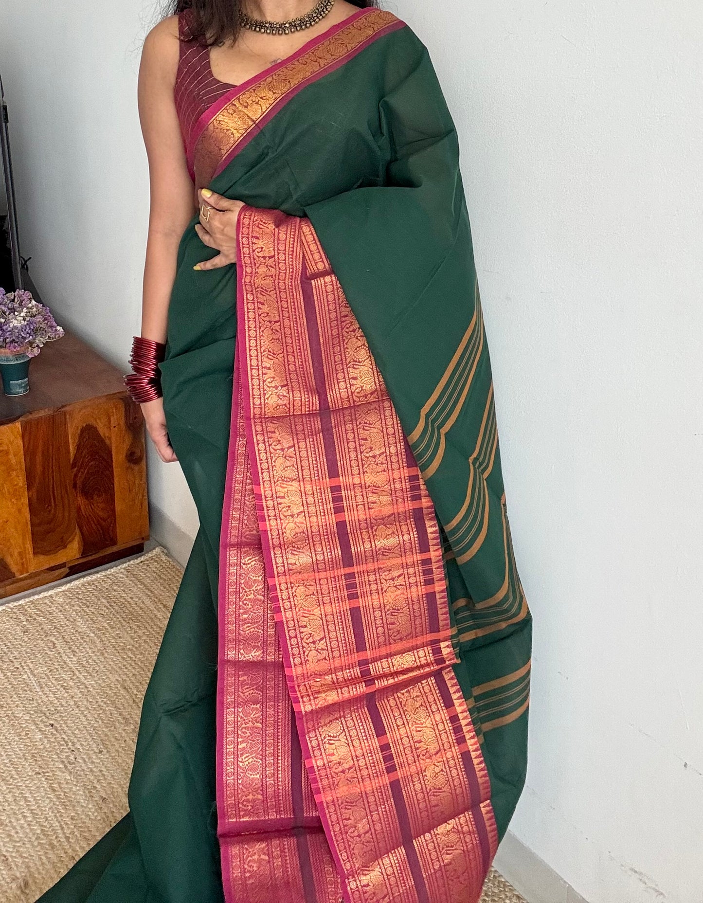 Dark green with magenta wide zari border, kanchi cotton - YCCOTNKCJA216