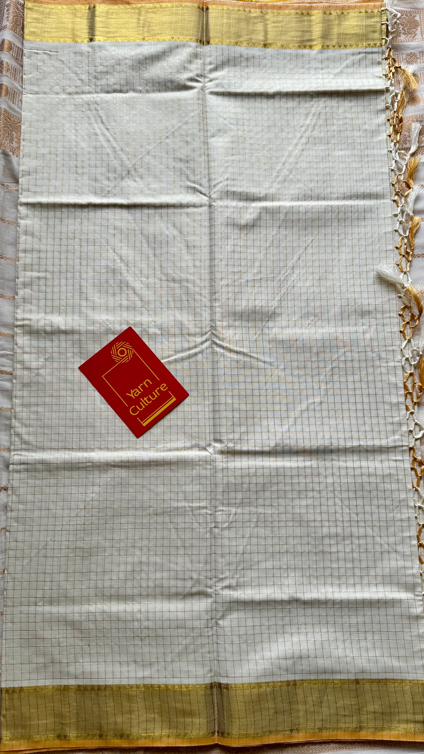 Ivory and gold soft cotton kasavu saree, small checks with temple border - YCIEON70