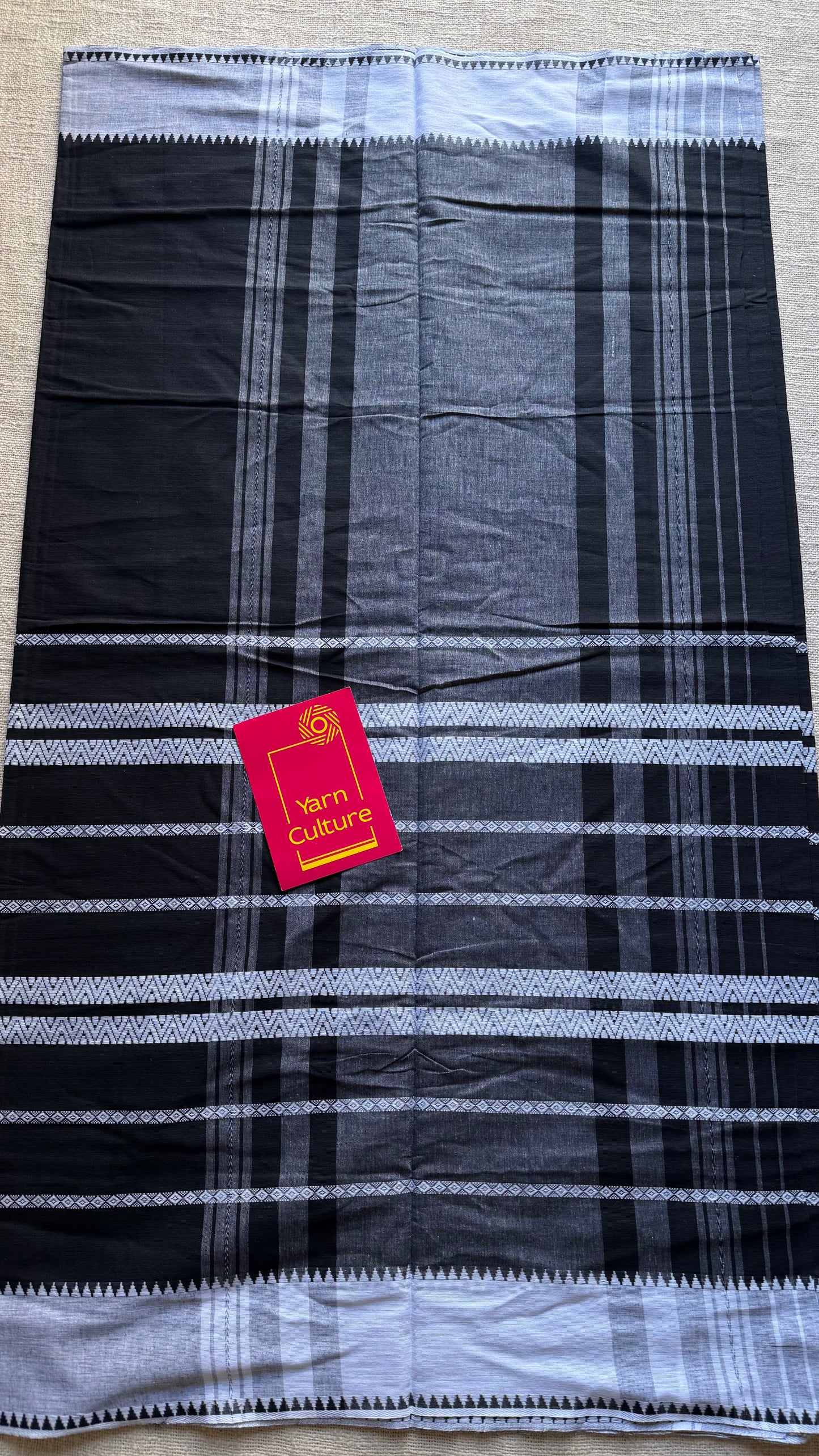 Dhonekhali handloom soft cotton saree, black with white woven threadwork and border - YCBCDFE267