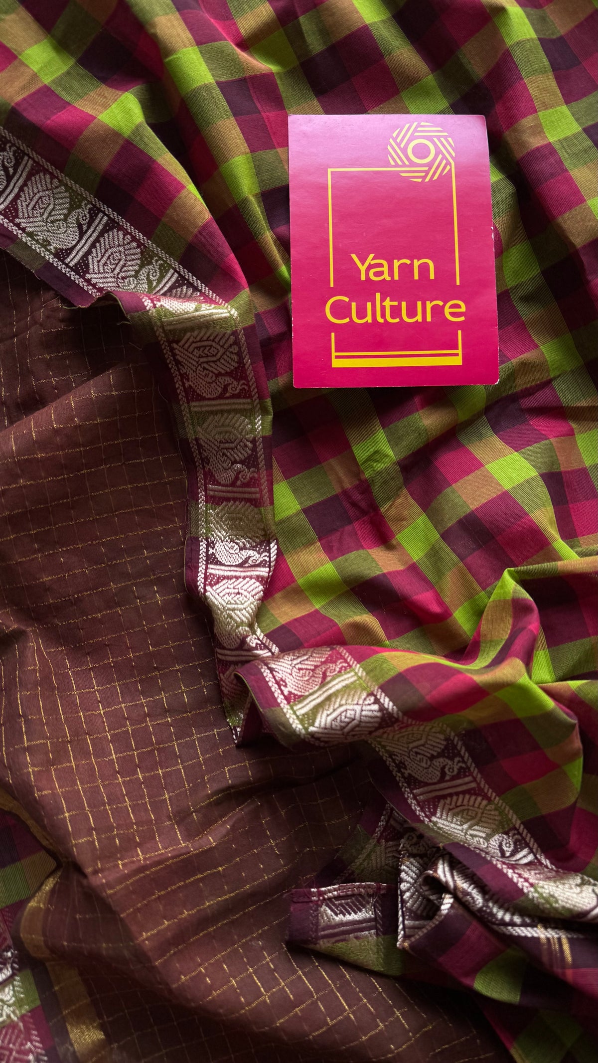Multicoloured checks with brown, sungudi and chettinad cotton half-half saree - YCCOTNIDOC39