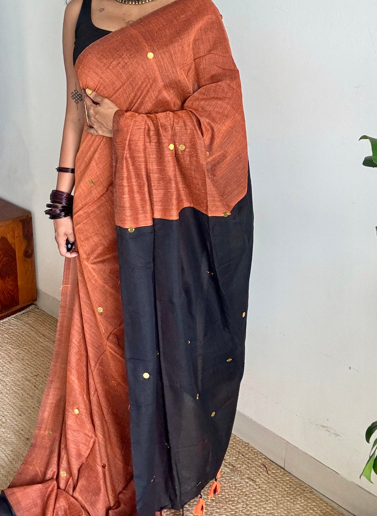 Orange with black contrast pallu, gini sequins, soft cotton saree - YCBCSCOC04
