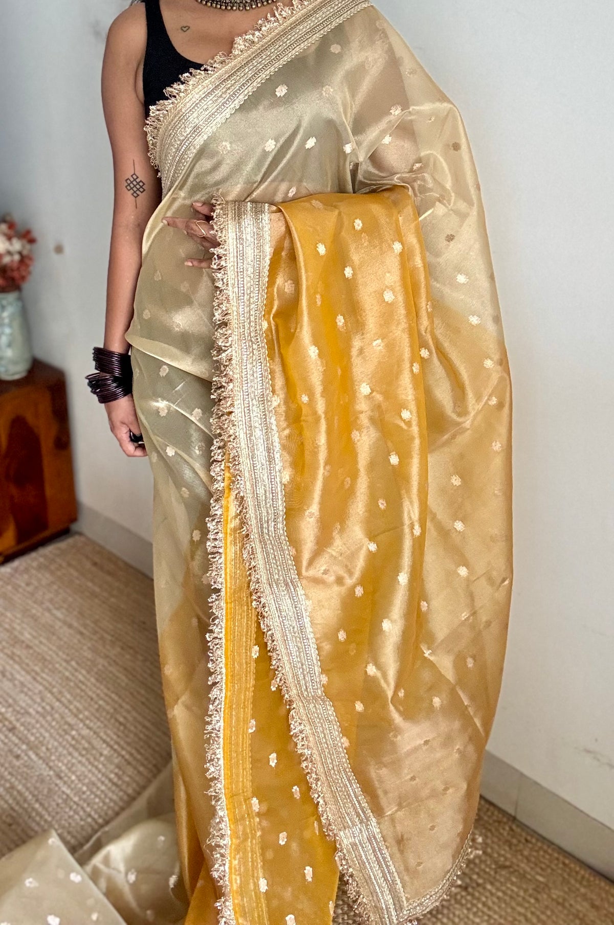Light gold and dark gold Banarasi tissue saree, with buttas and embellished lace border - YCBLTOC65