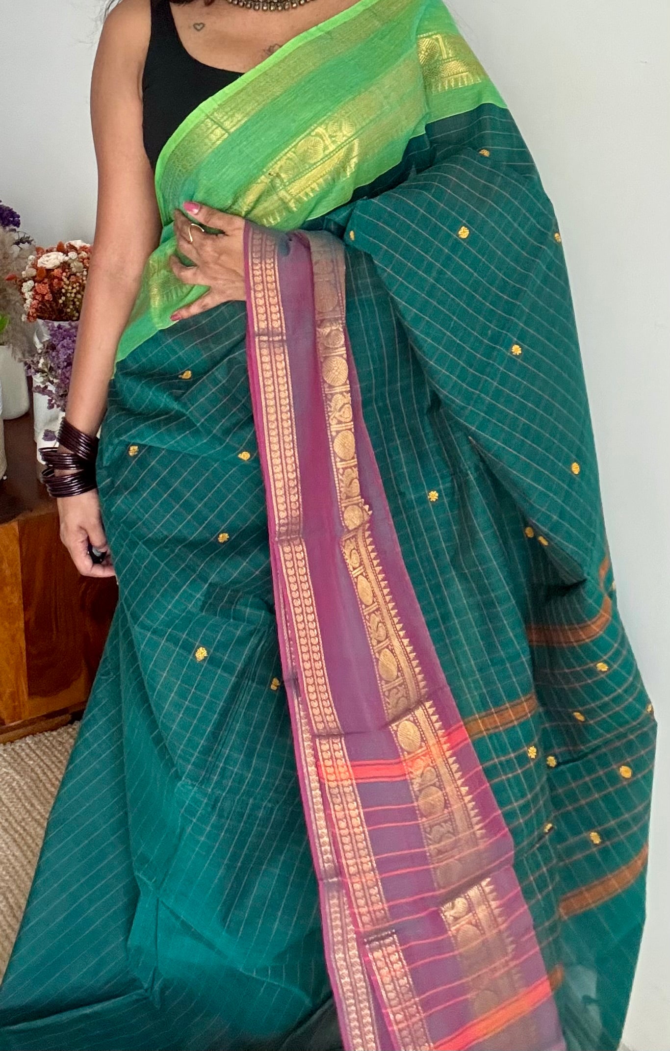 Kanchi cotton saree, green checks with wine and bright green dual toned border - YCCOTNAP76