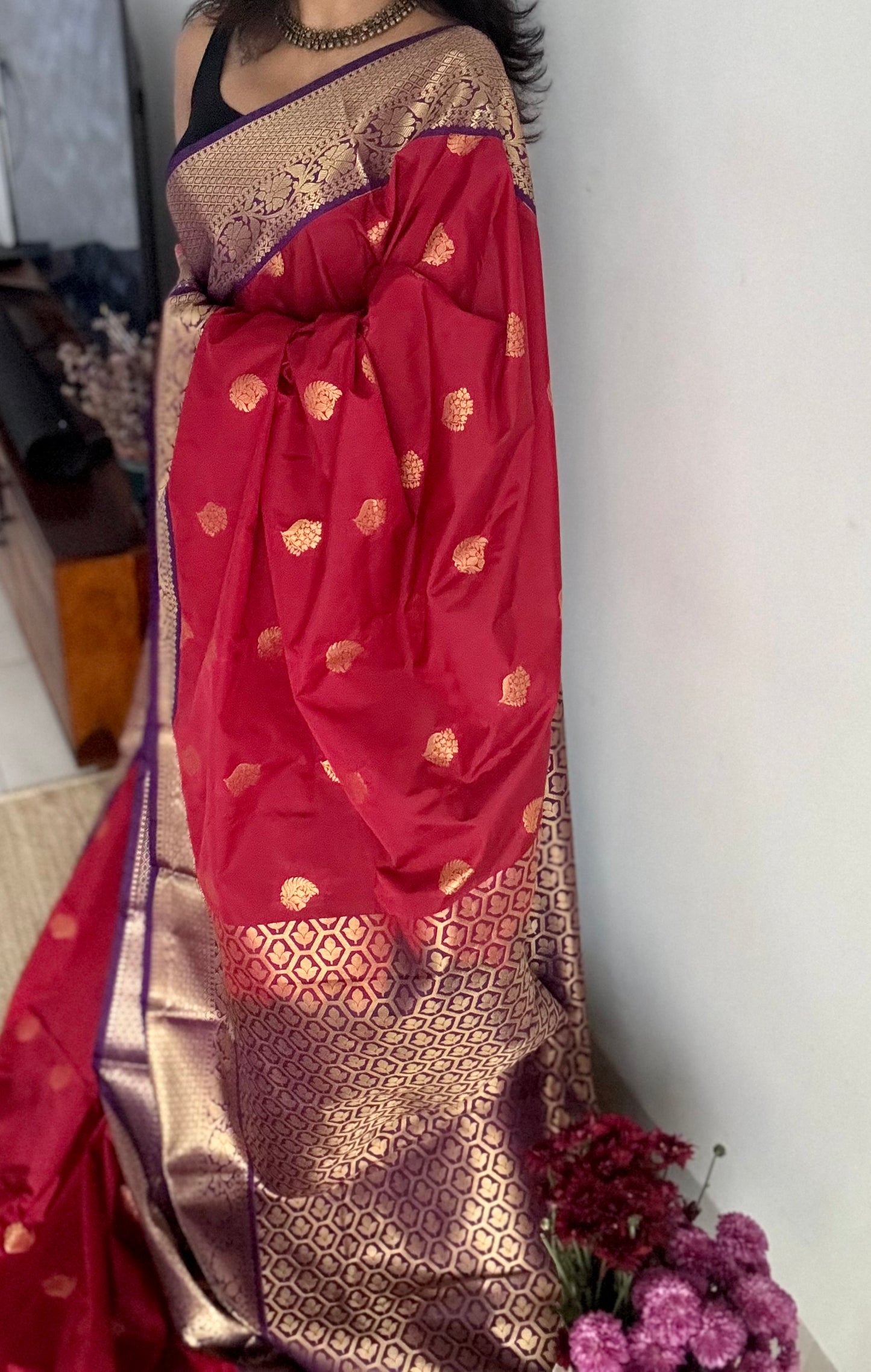Ragini - crimson red with purple, handloom korvai semi silk - YCCOTNFEJUKS04