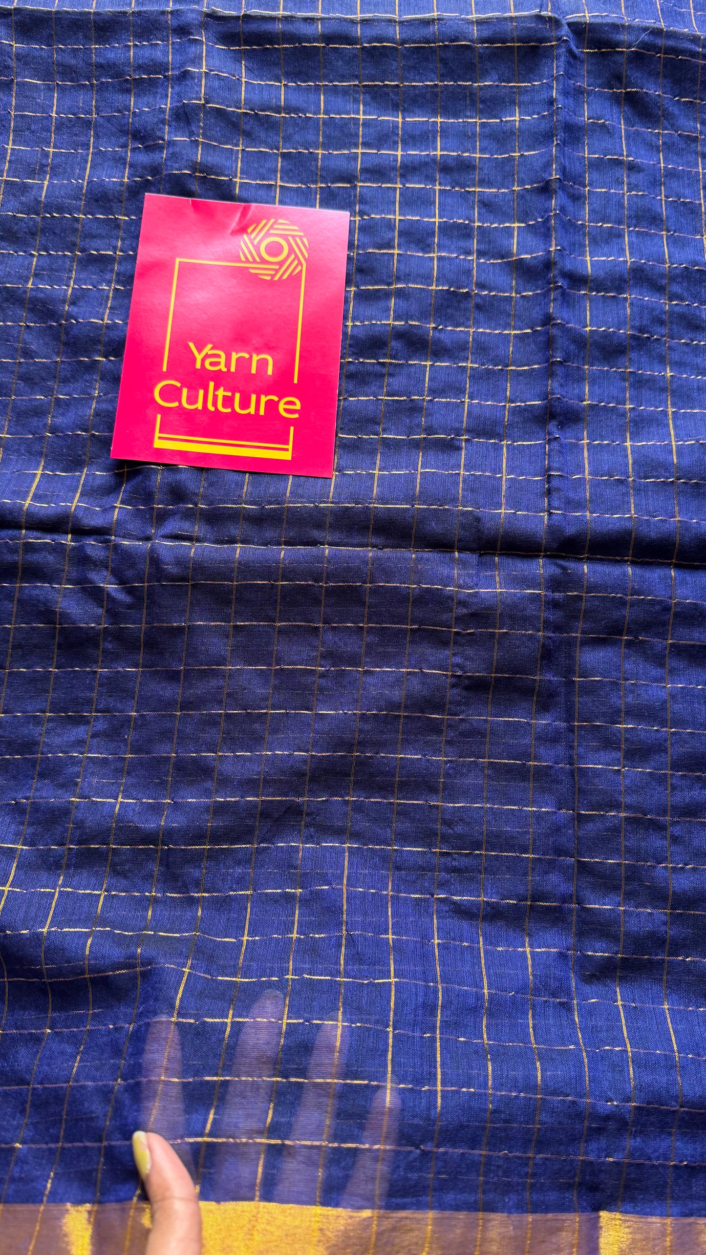 Dark blue mul with gold checks and zari border - YCBCMCJA04