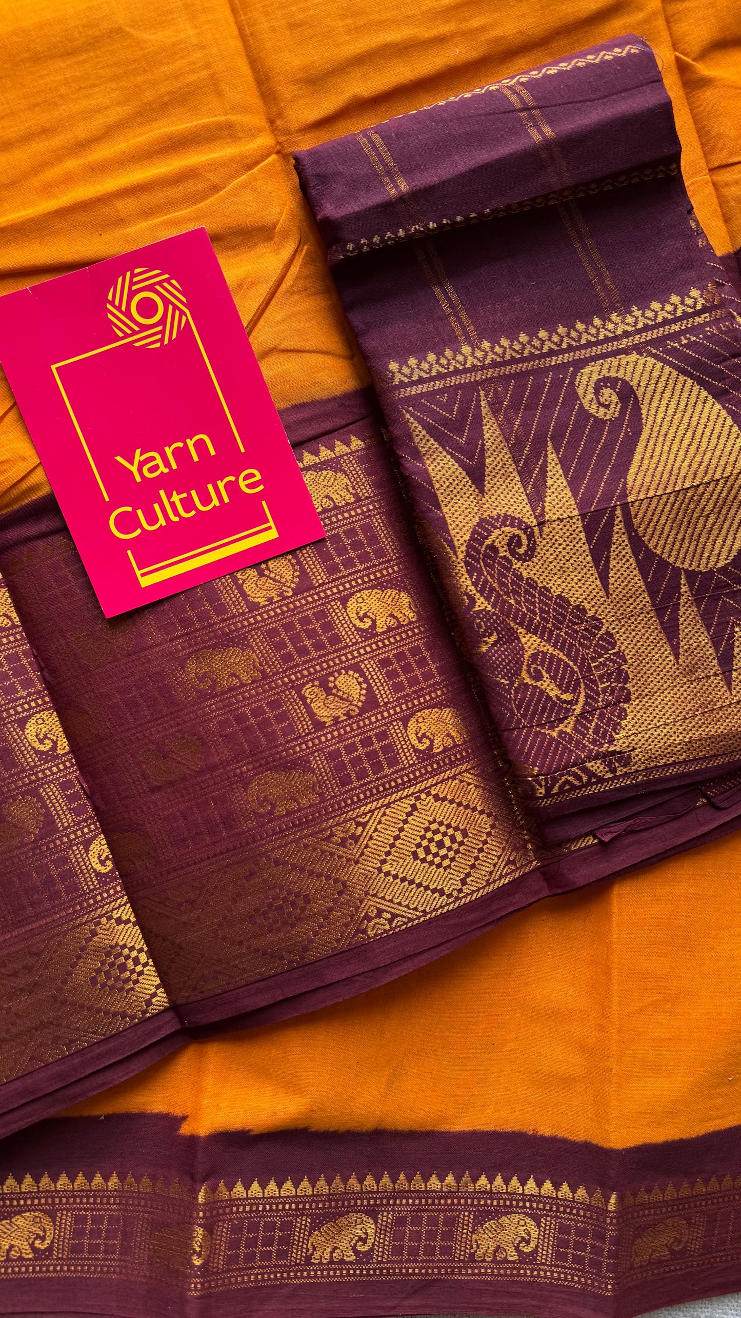 Mango yellow with maroon border, sungudi, madurai soft cotton - YCCOTNSUJA02