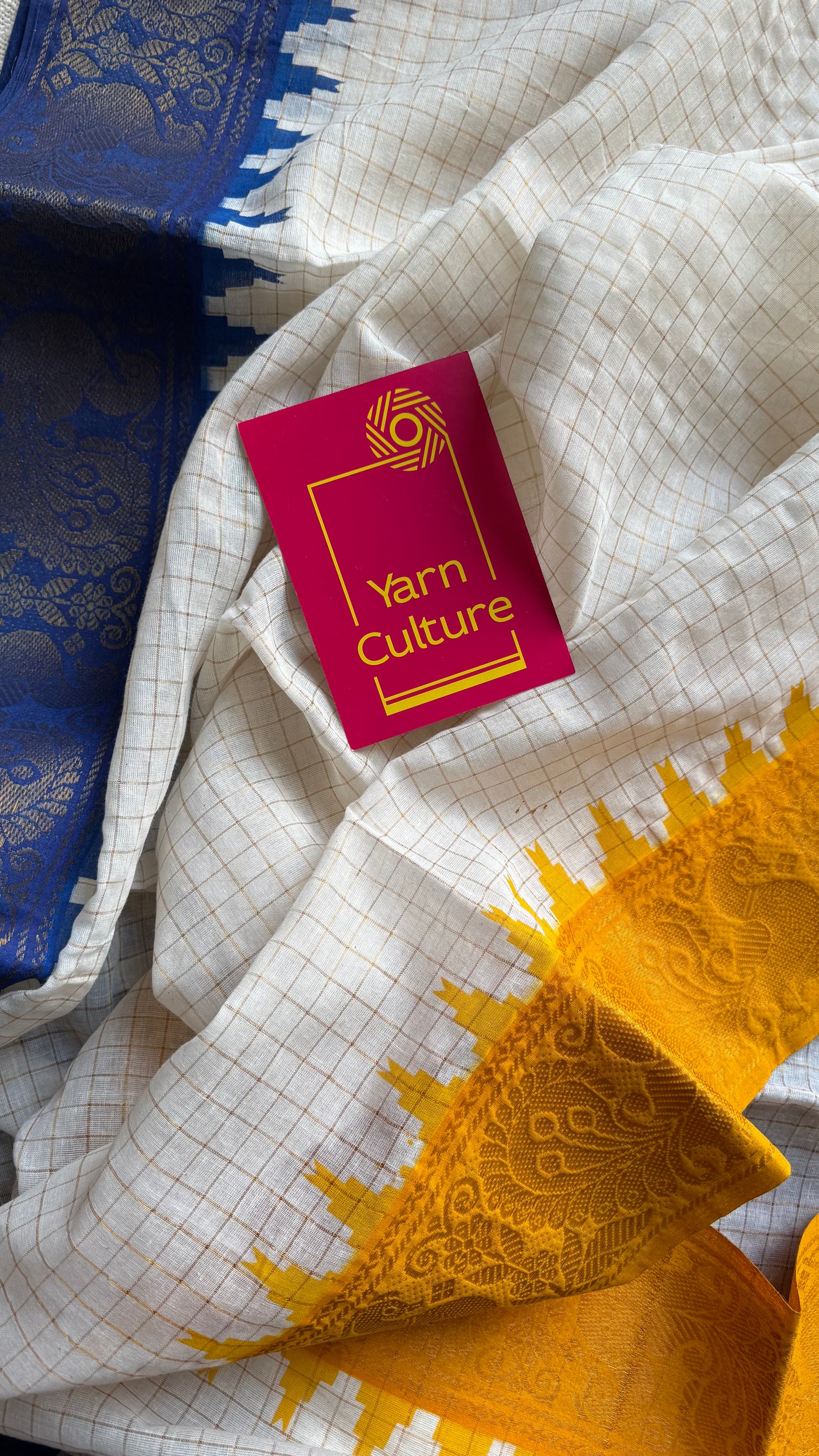 Sungudi cotton checks, ivory gold base, yellow and blue border, soft cotton - YCCOTNGJJA166