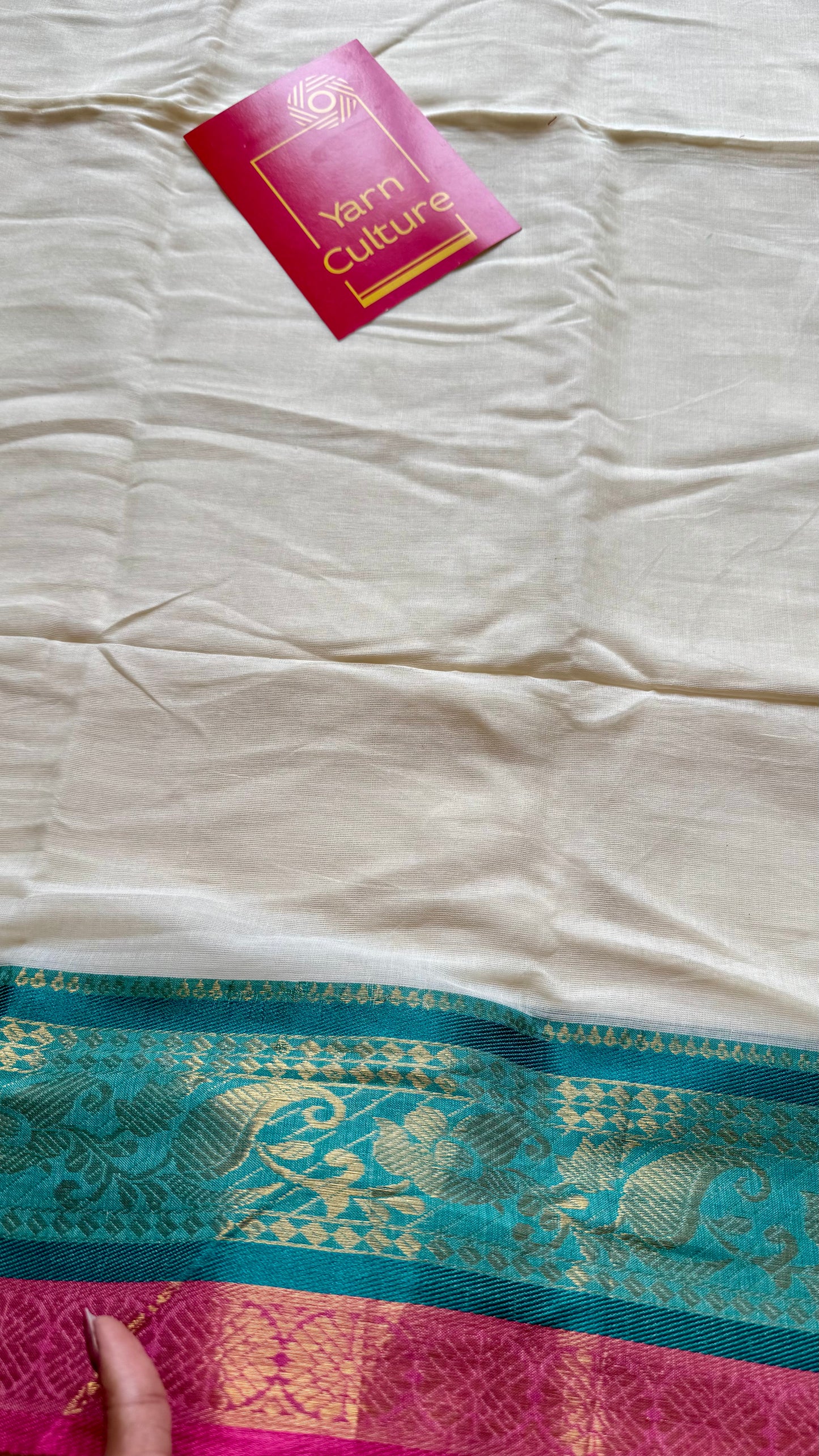 Ivory mul saree, bluish green and hot pink kanchi border - YCIEON11