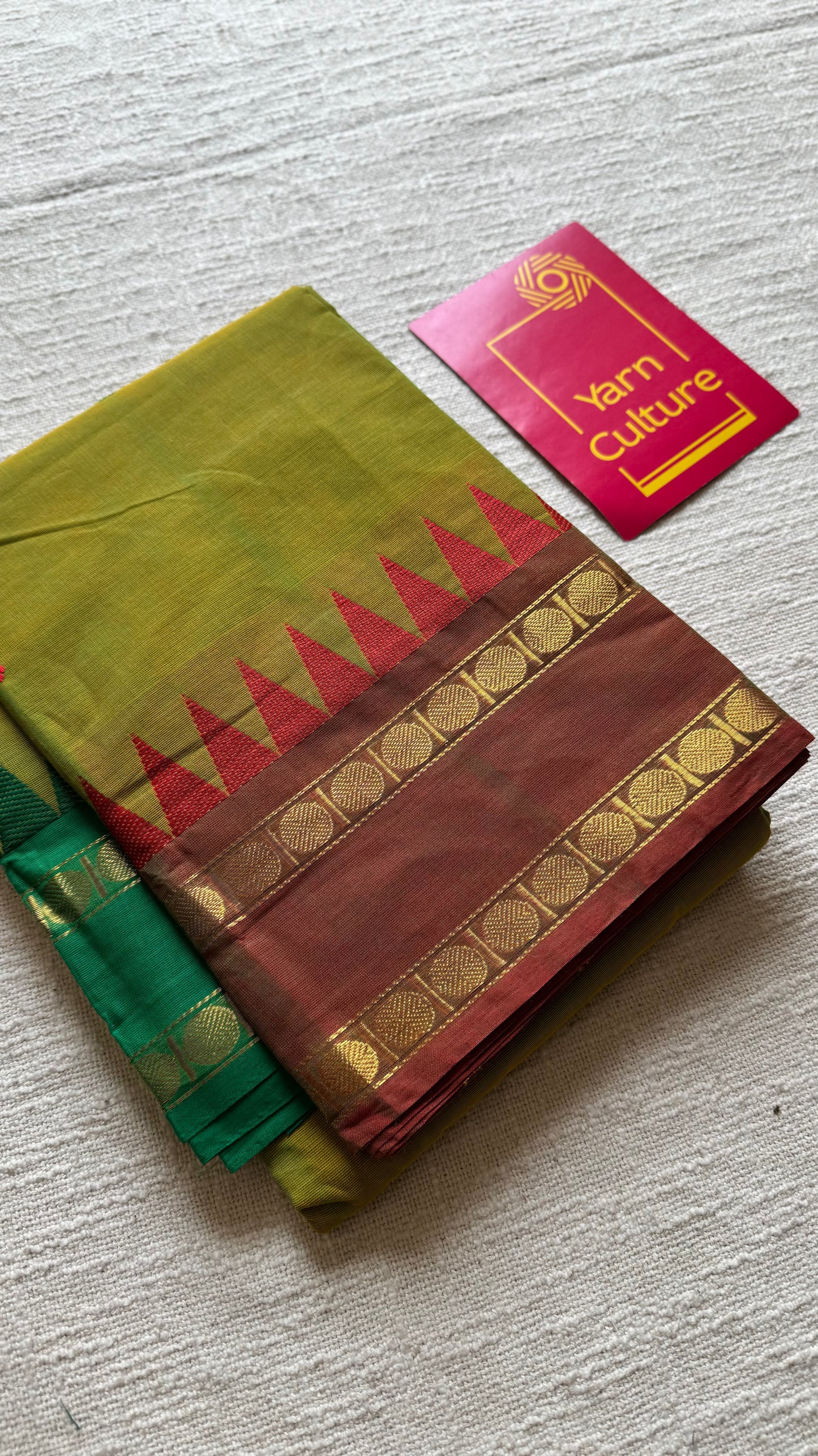 Kanchi cotton saree, light green with light brown and green dual border - YCCOTNAP101