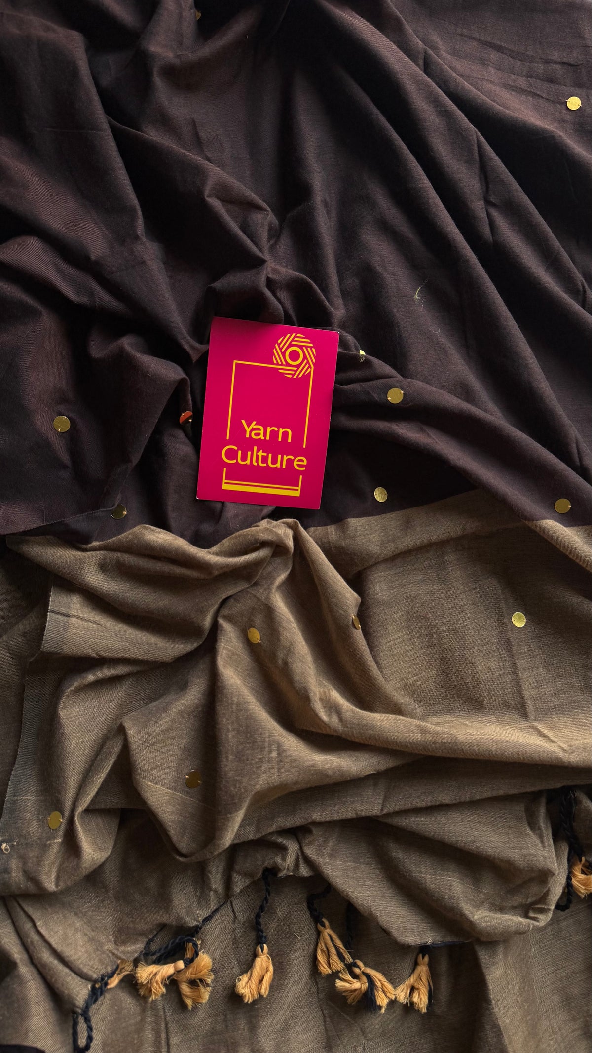 Brown with warm grey contrast pallu, gini sequins, soft cotton saree - YCBCSCOC09