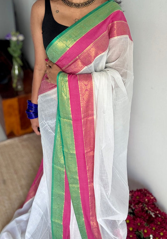 White mul with hot pink, green zari patterned border - YCBCMCLSE46