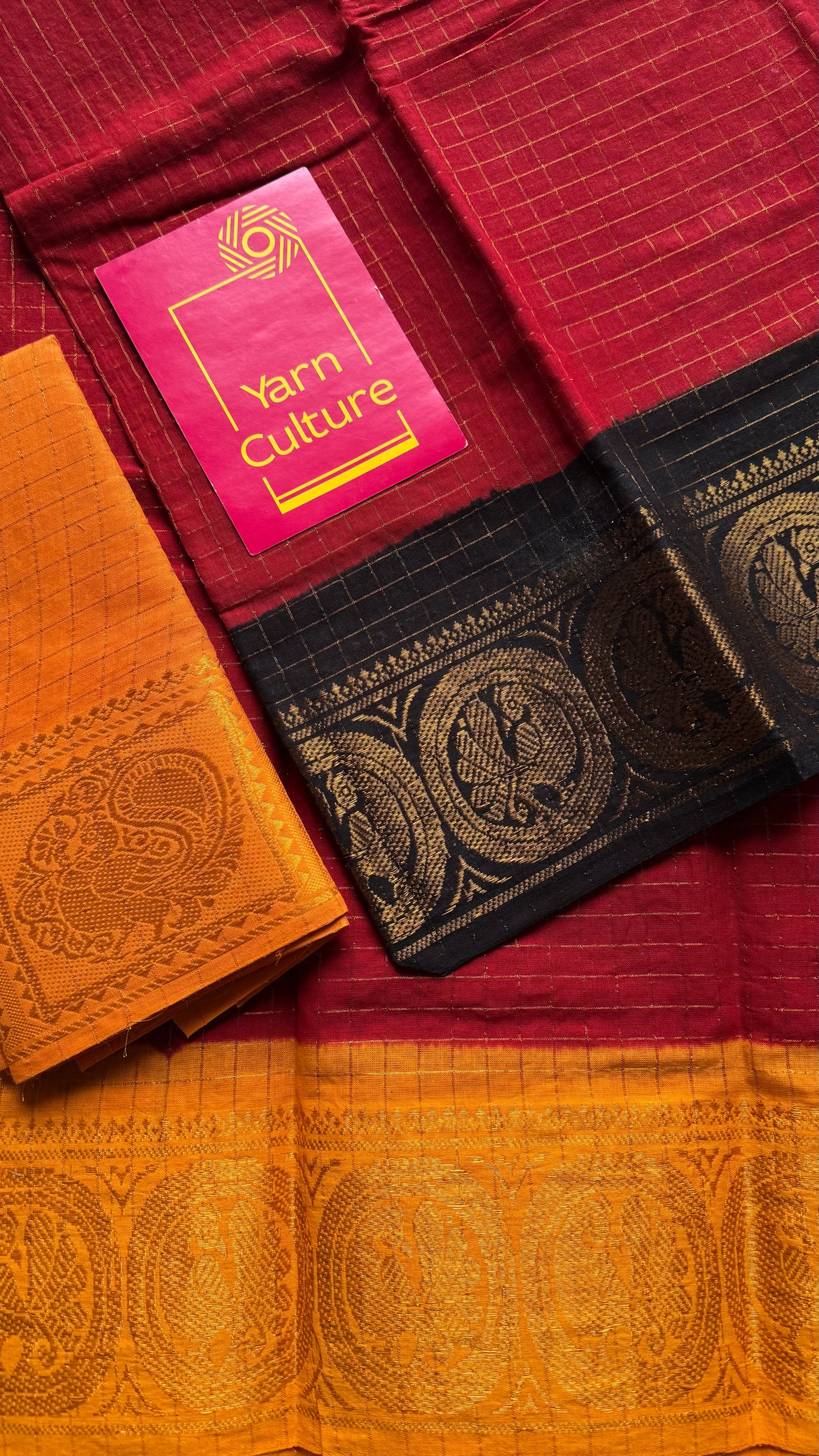 Sungudi cotton checks, red base, yellow and black dual tone border, soft cotton - YCCOTNMSJUL10