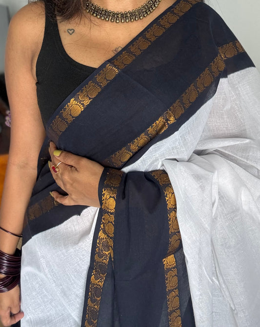 White and black rettaipettu peacock double bordered, kattuchayam dyed madurai cotton saree - YCCOTNMSFE90