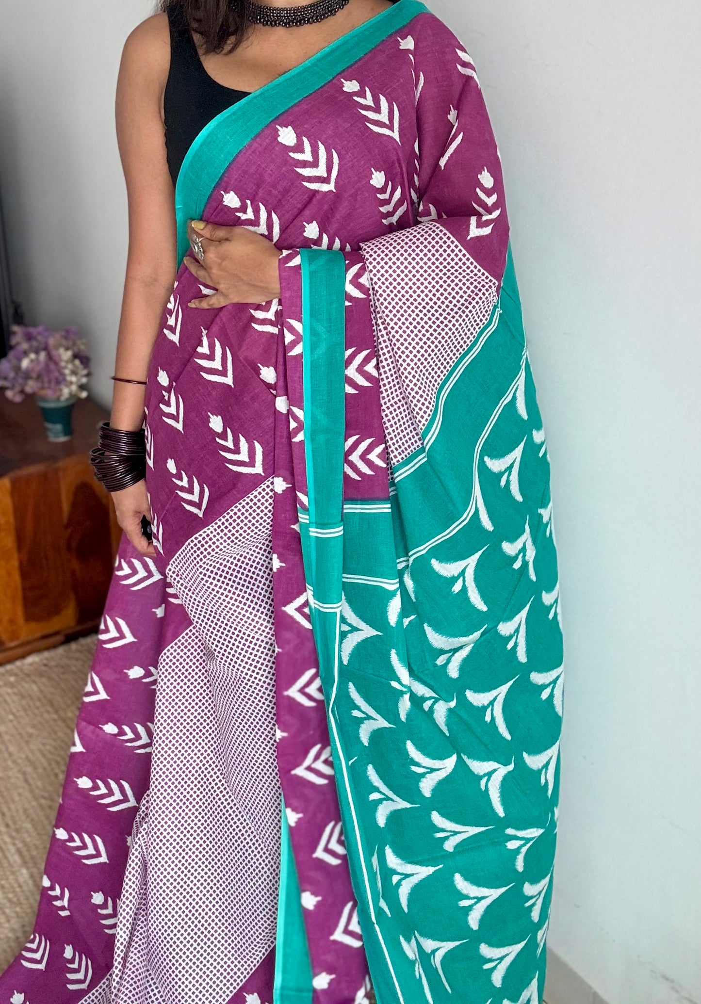 Magenta with turquoise green and white motifs, soft cotton saree - YCTORCMA06