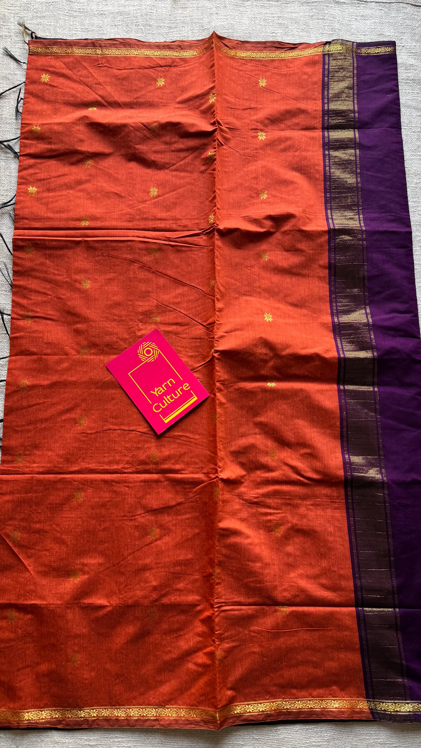 Dark orange with purple wine, gold buttas, semi maheshwari cotton silk - YCCOTNCSDE91