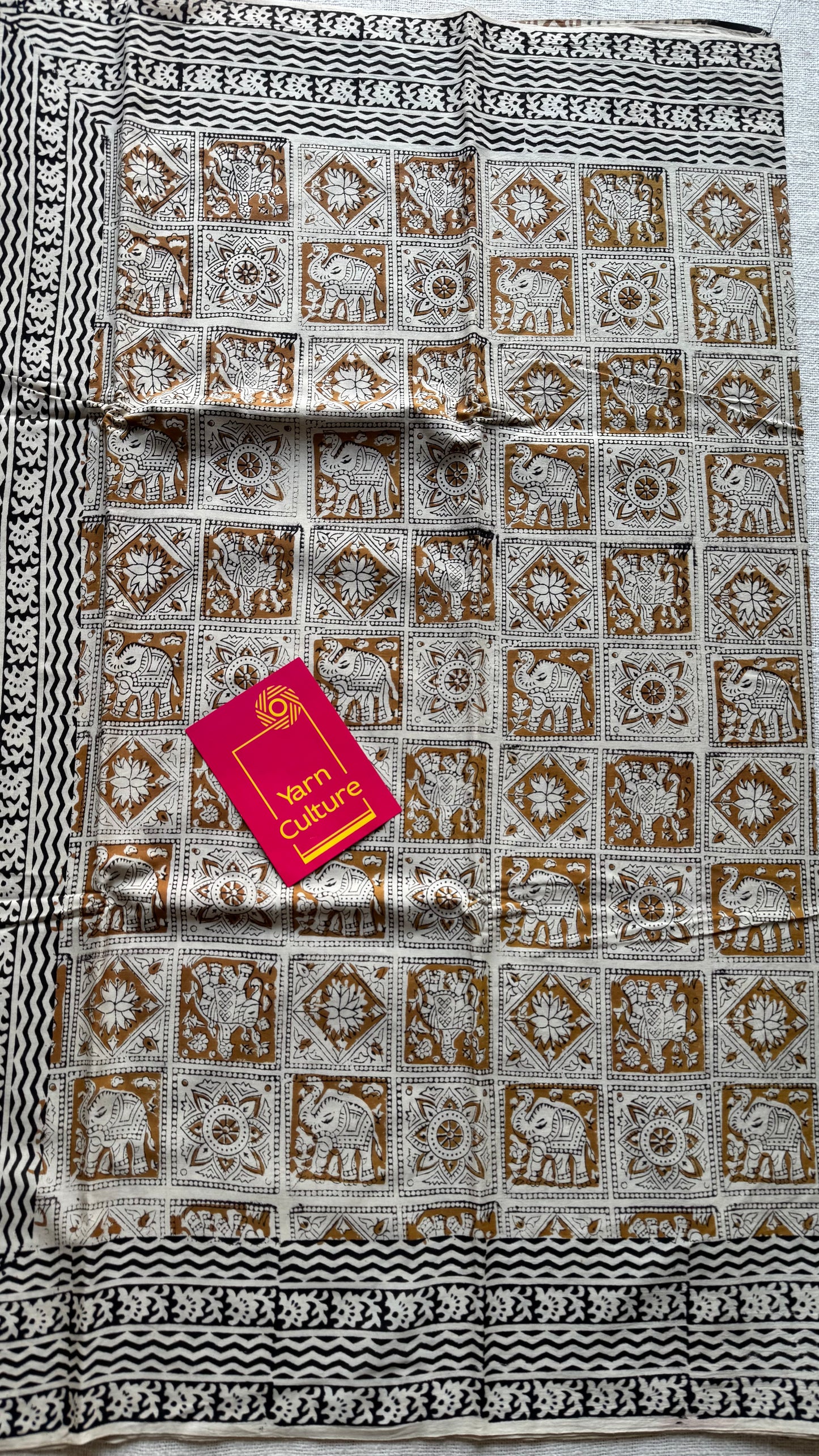 Katha - elephants, florals, and geometric tales block printed on earthy brown, soft cotton - YCWOTDNOBP92