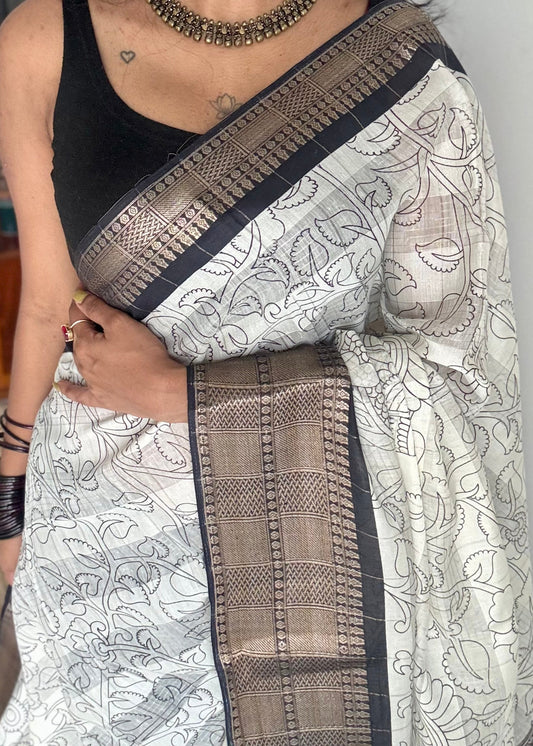 Off white and black, printed kalamkari, semi-tussar - YCWOTDSTK07