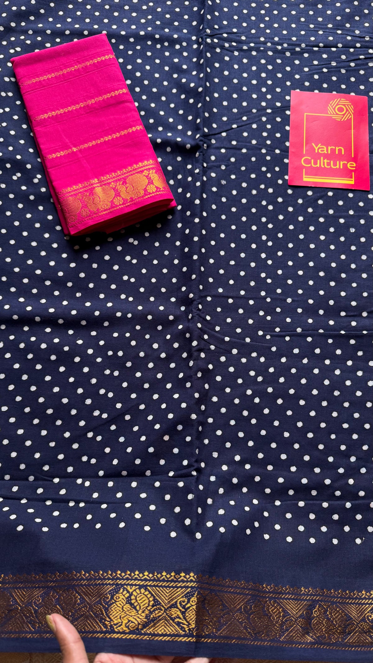 Dark blue sungudi dotted, single-side border, kattuchayam dyed madurai cotton saree - YCCOTNMSSE02