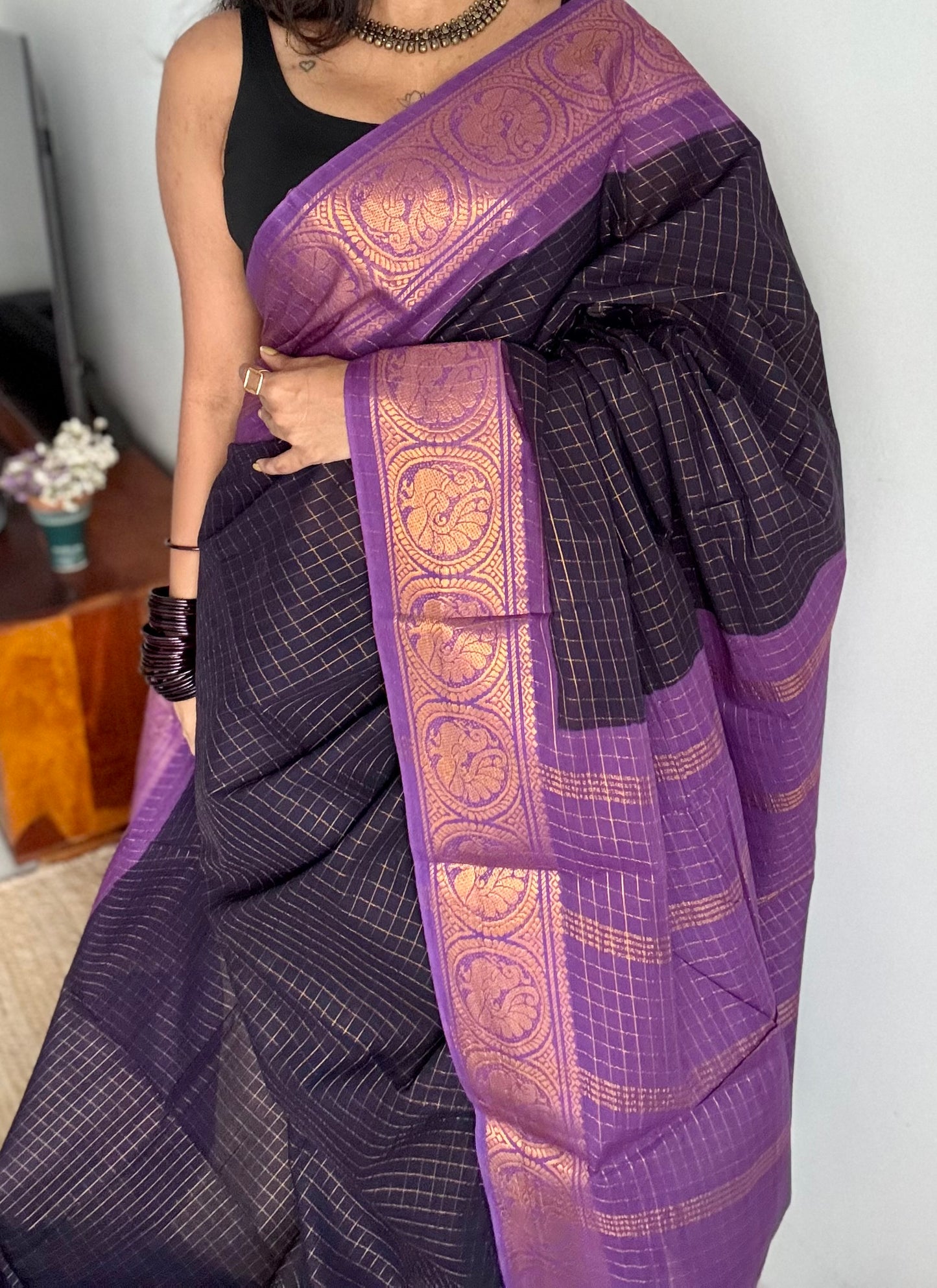 Dark blue with purple checkered sungudi, madurai cotton - YCCOTNSUDE40