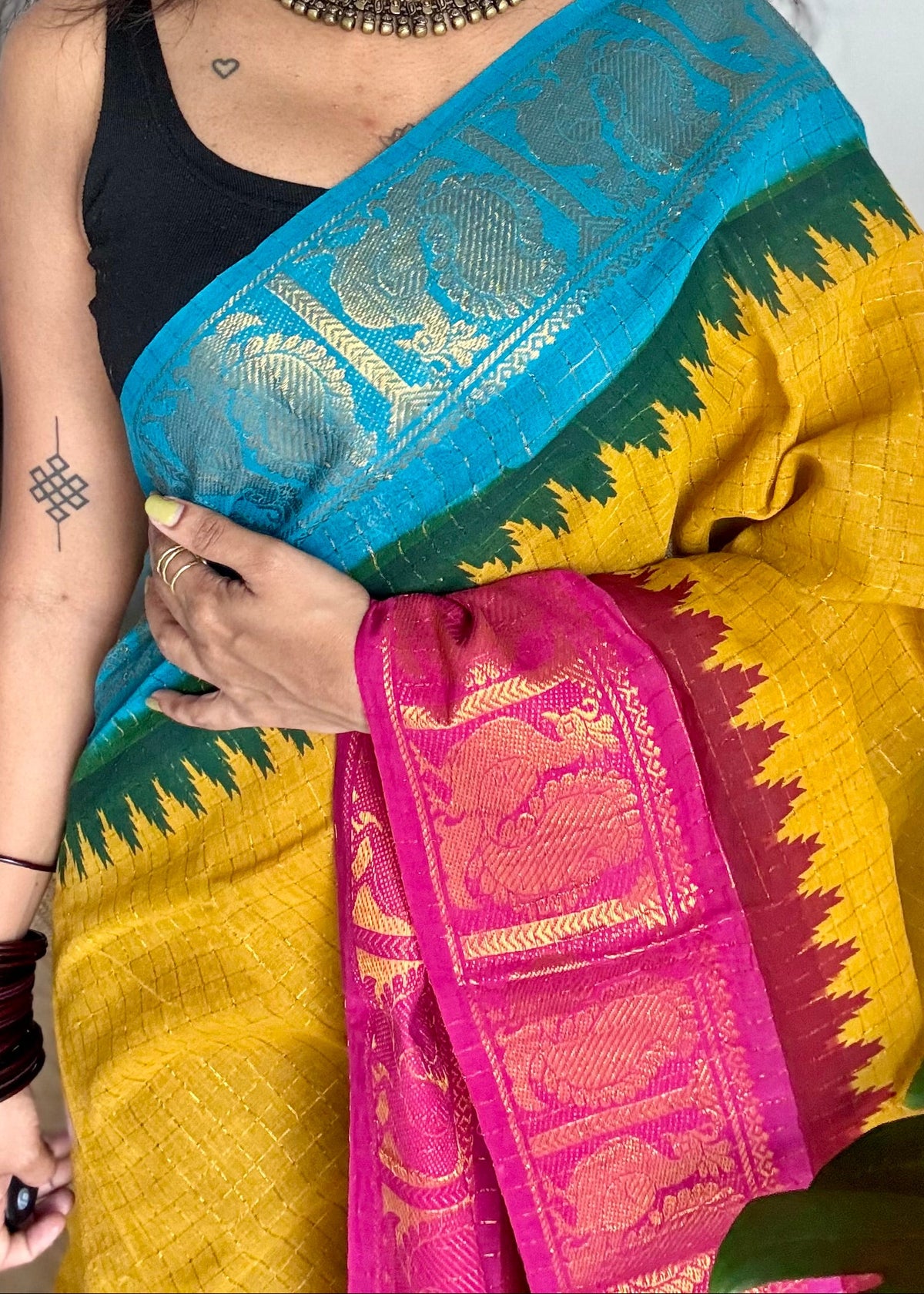 Sungudi cotton checks, mustard yellow base, blue and hot pink dual tone border, soft cotton - YCCOTNMSSE10