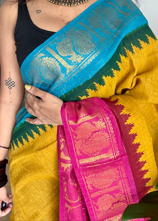 Sungudi cotton checks, mustard yellow base, blue and hot pink dual tone border, soft cotton - YCCOTNMSSE10
